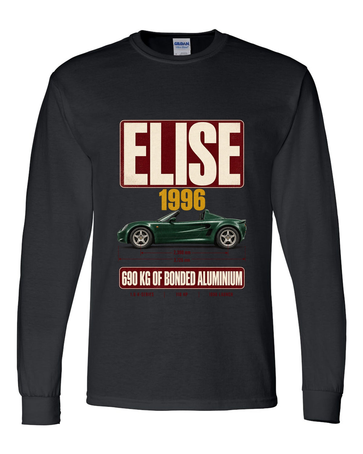 Lotus Elise Series 1 open roadster archive panel print with 1996 and 690 kg bonded aluminium text black long sleeve front view with the design