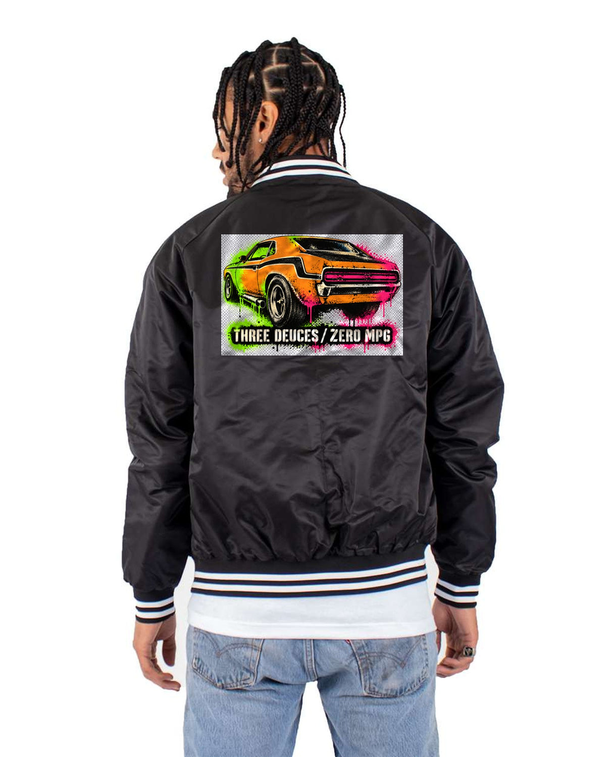 1970 Dodge Challenger T/A Stencil Spray Shirt, Three Deuces Bomber Jacket Black back