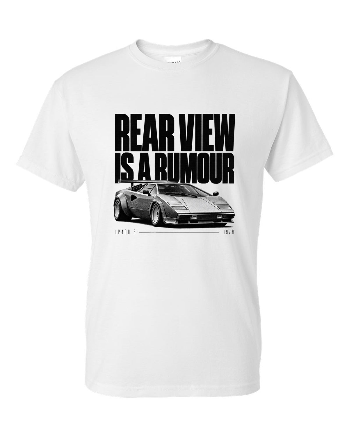Halftone print of a Lamborghini Countach LP400 S with rear wing and rear view is a rumour text white t-shirt front view with the design