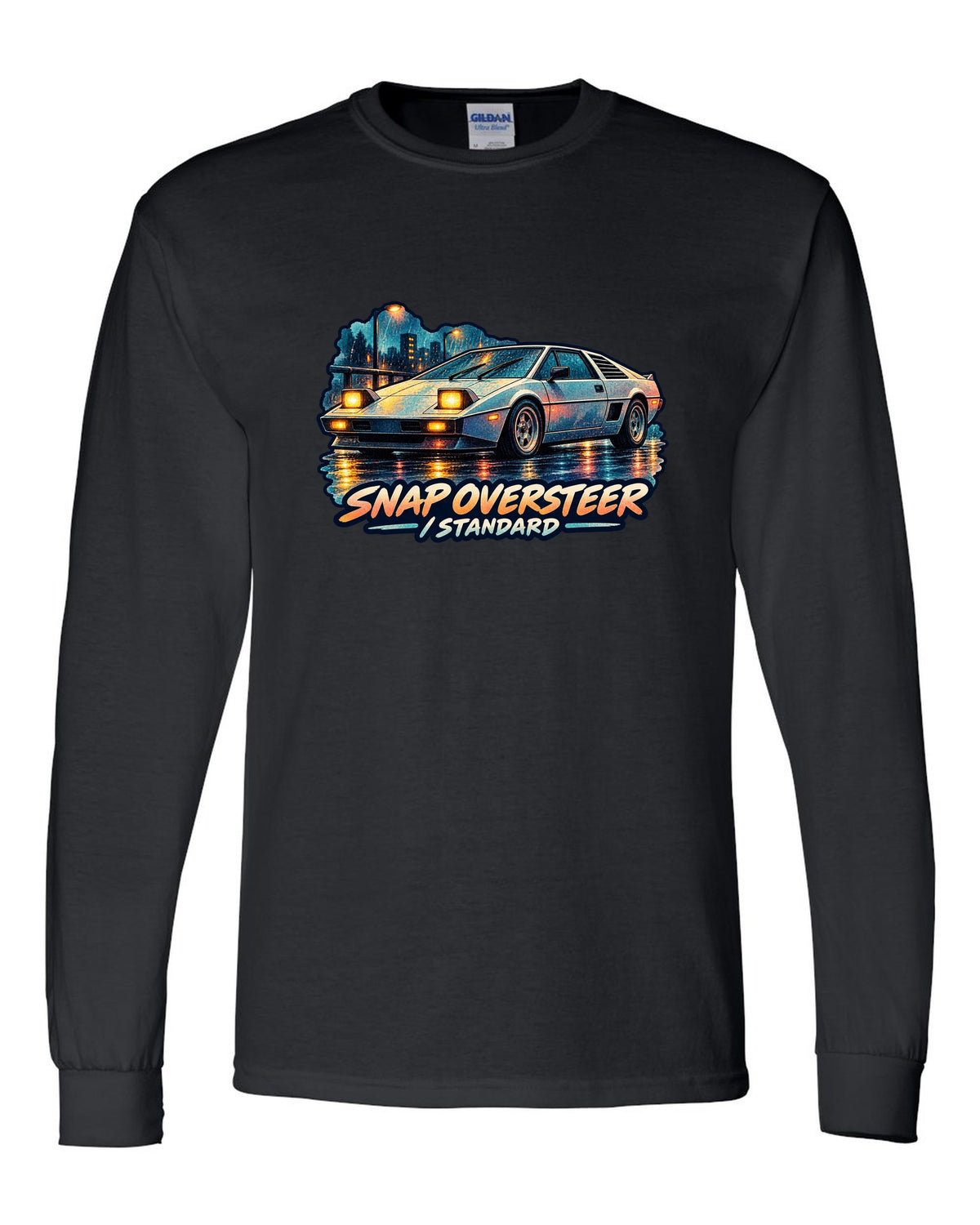 Watercolour wash of a Toyota MR2 AW11 driving in rain with oversteer slogan black long sleeve front view with the design