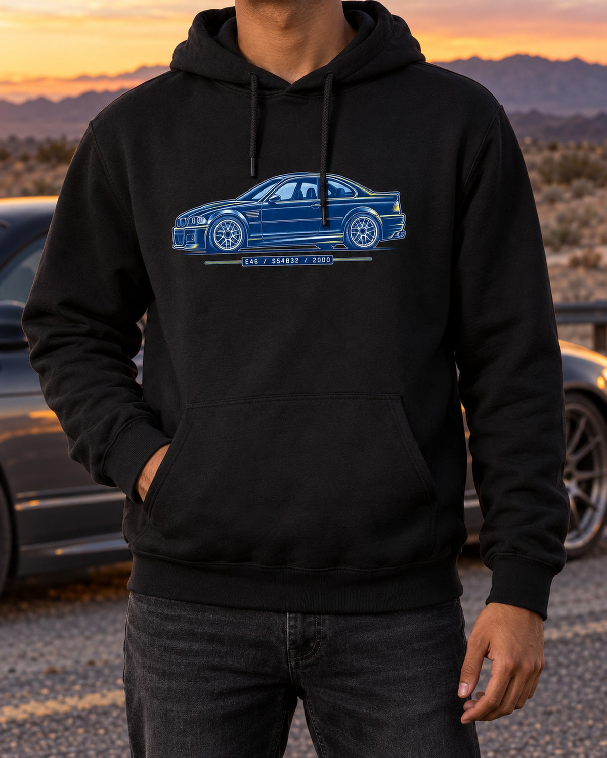BMW E46 M3 S54 Cyanotype Blueprint Shirt, Car Guy Gift Pull Over Hoodie Black worn hero