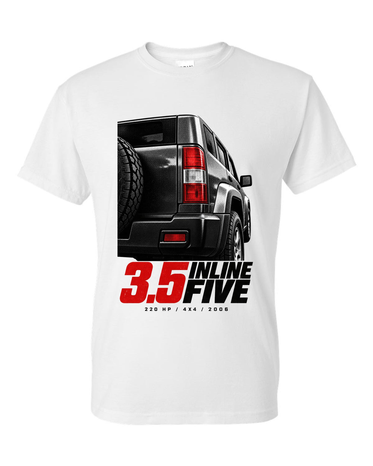Macro print of a 2006-10 Hummer H3 taillight with engine lettering white t-shirt front view with the design