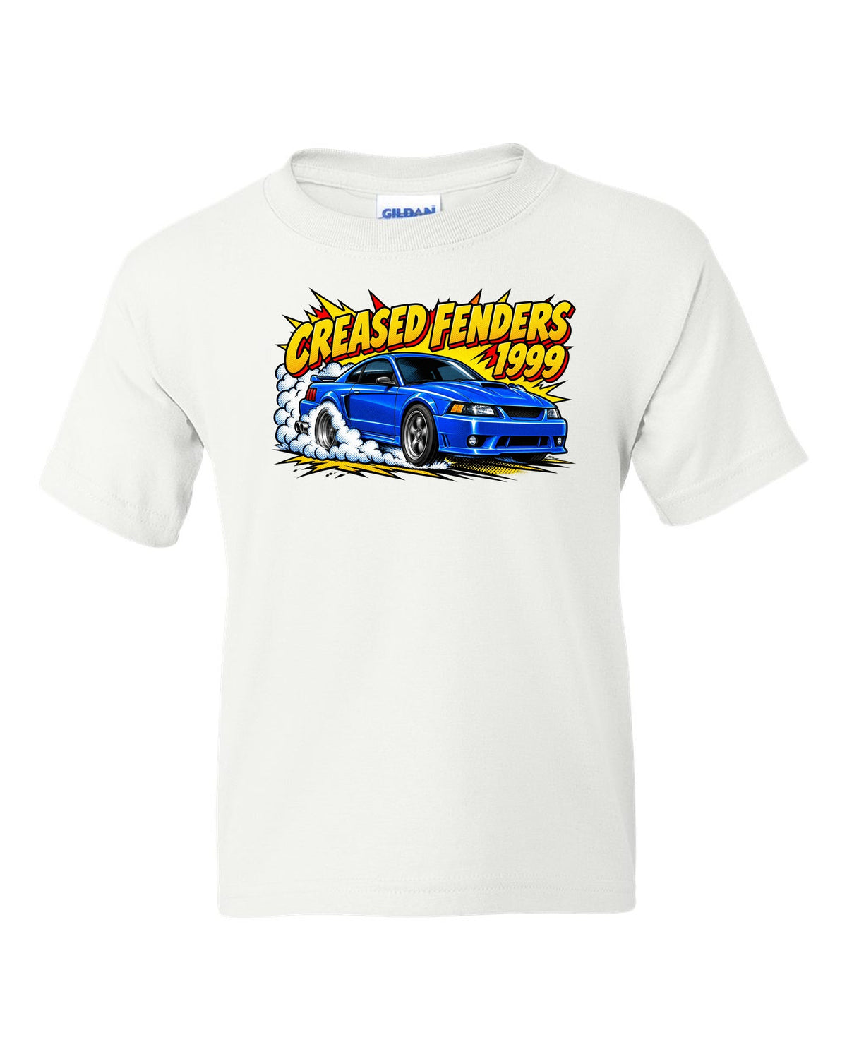 Comic halftone pop art 1999-2004 New Edge Ford Mustang coupe with burnout smoke white kids tee front view with the design