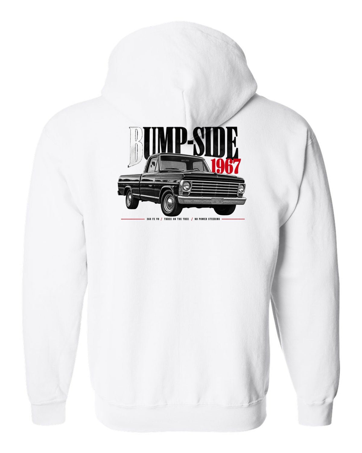 Ford F-Series Bump-Side 1967 360 FE V8 Editorial Graphic Tee white zip hoodie back view with the design