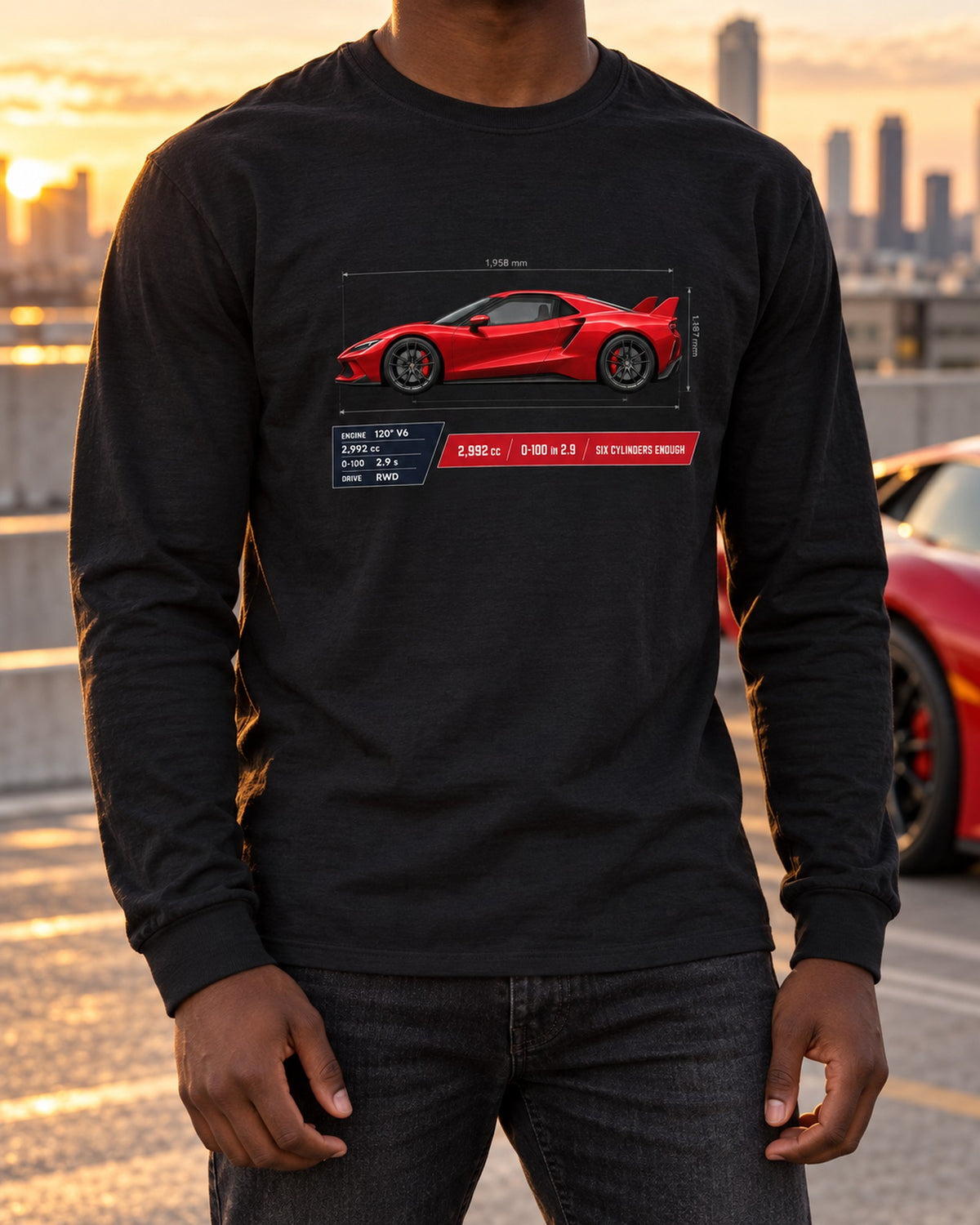 Ferrari 296 GTB Spec Poster Shirt, 2,992 cc Six Cylinders Long Sleeve Black worn hero