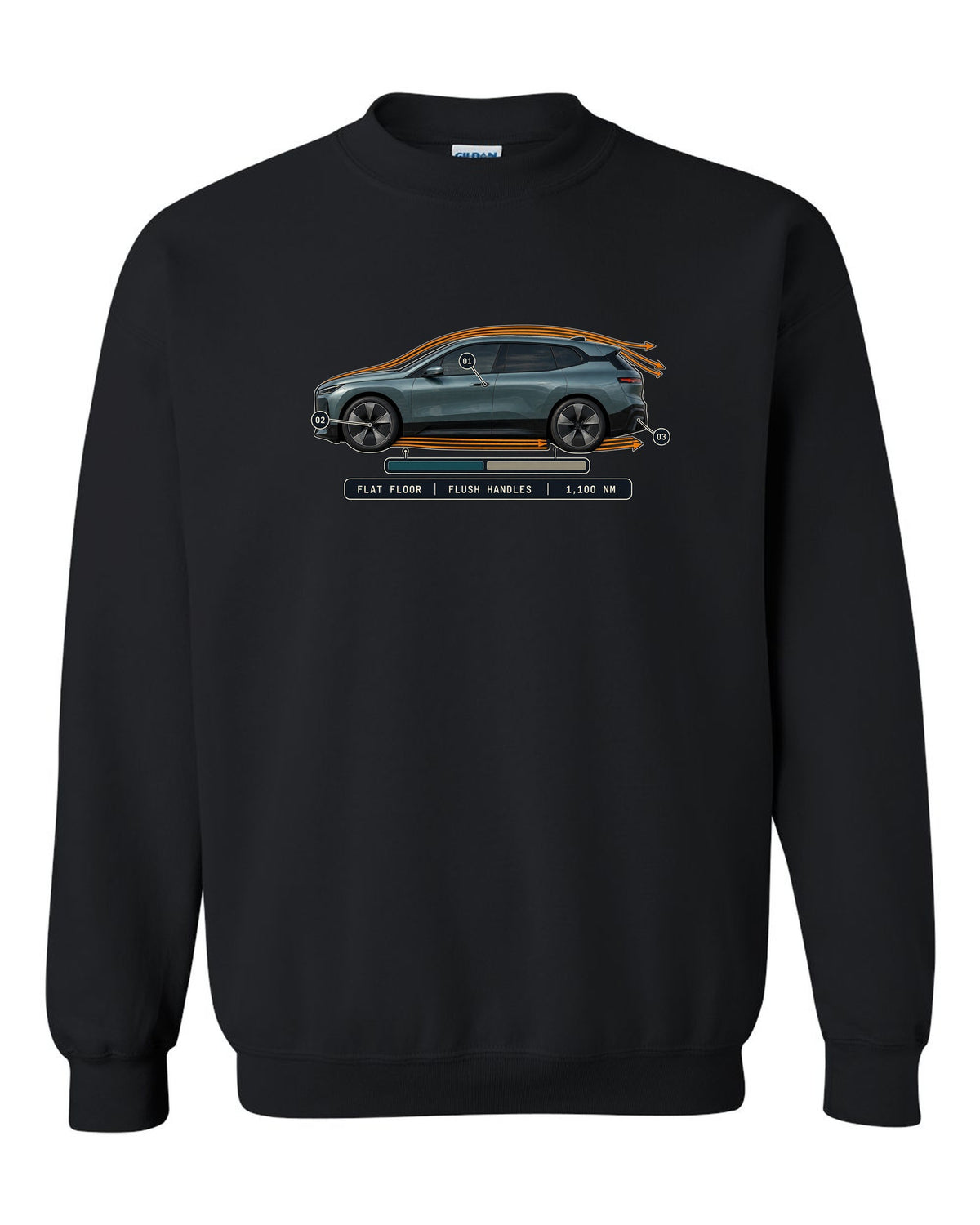 Aero cutaway callout print of the BMW iX M60 I20 with flush handles and flat floor black crewneck front view with the design