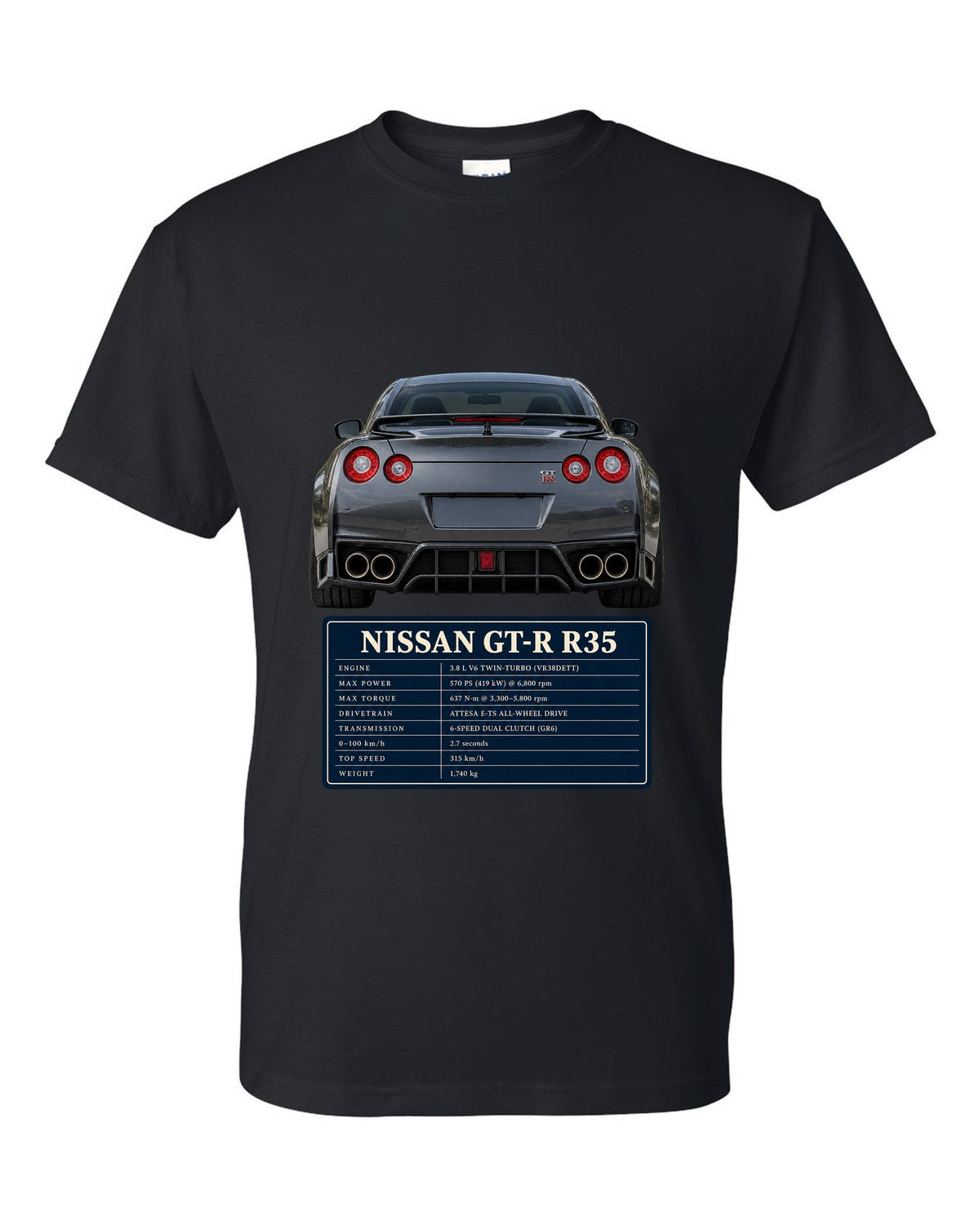 Close crop of Nissan GT-R R35 2014 Premium round taillights black t-shirt front view with the design