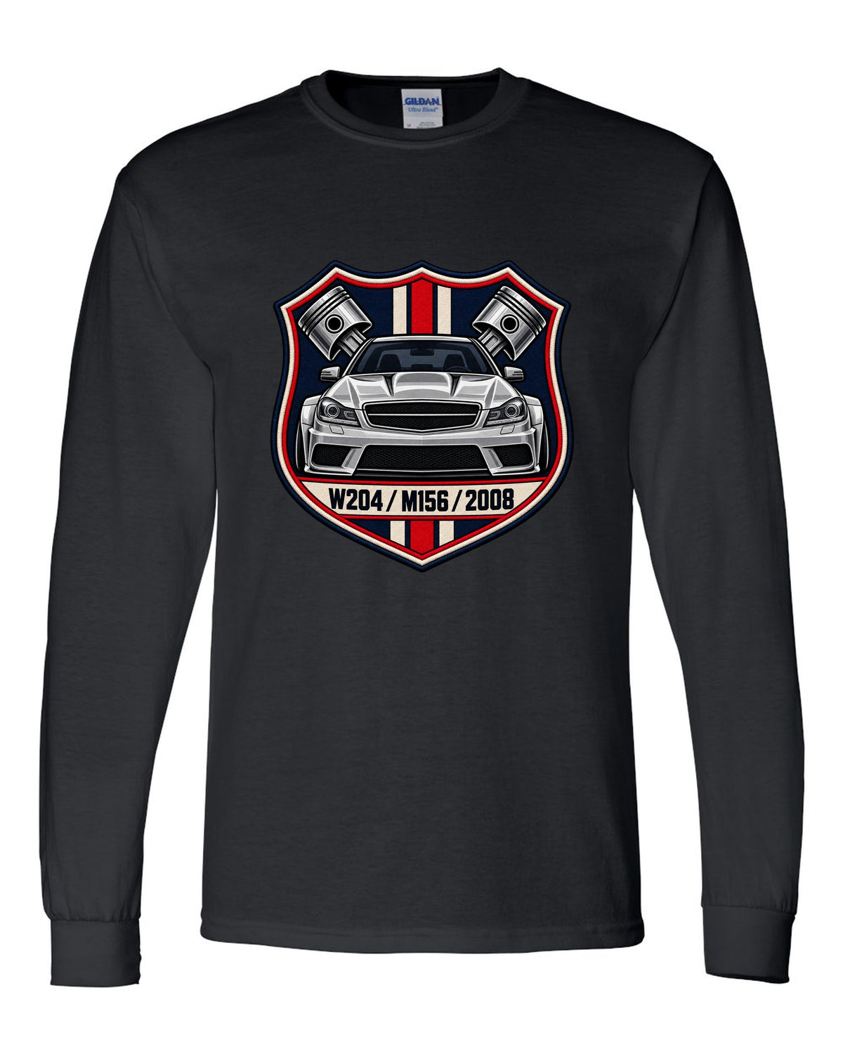 Embroidery-style varsity crest for Mercedes C63 AMG W204 with M156 and 2008 black long sleeve front view with the design