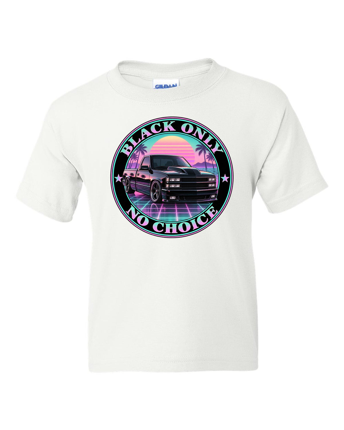 Pastel vaporwave print of a 1990-93 Chevrolet 454 SS pickup with black only no choice lettering white kids tee front view with the design