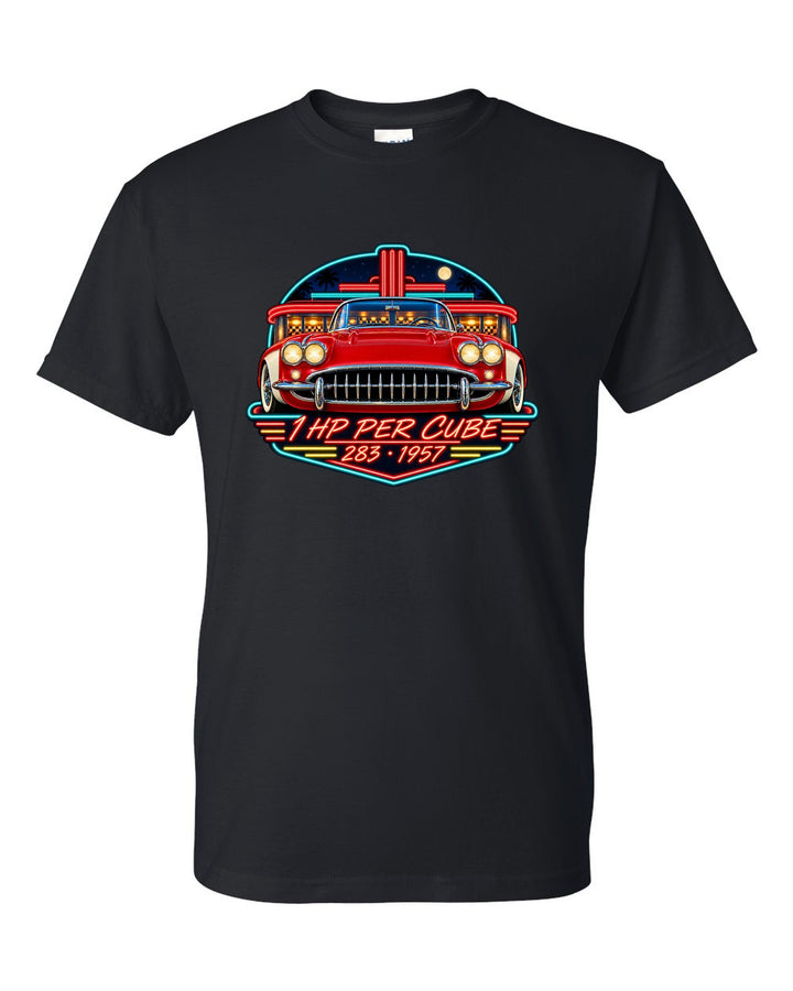 Vintage neon diner sign print of a 1957 Chevrolet Corvette C1 with 1 HP Per Cube 283 lettering black t-shirt front view with the design