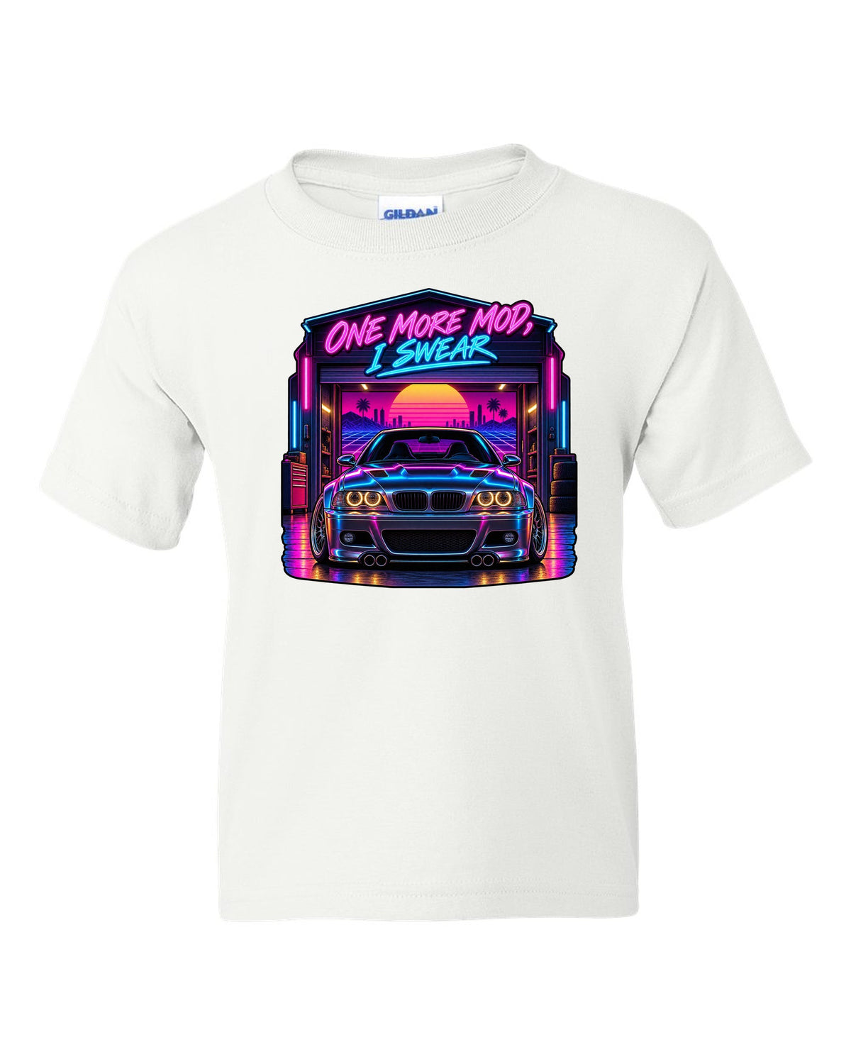 Synthwave outrun print of a BMW E46 M3 coupe with one more mod I swear text white kids tee front view with the design