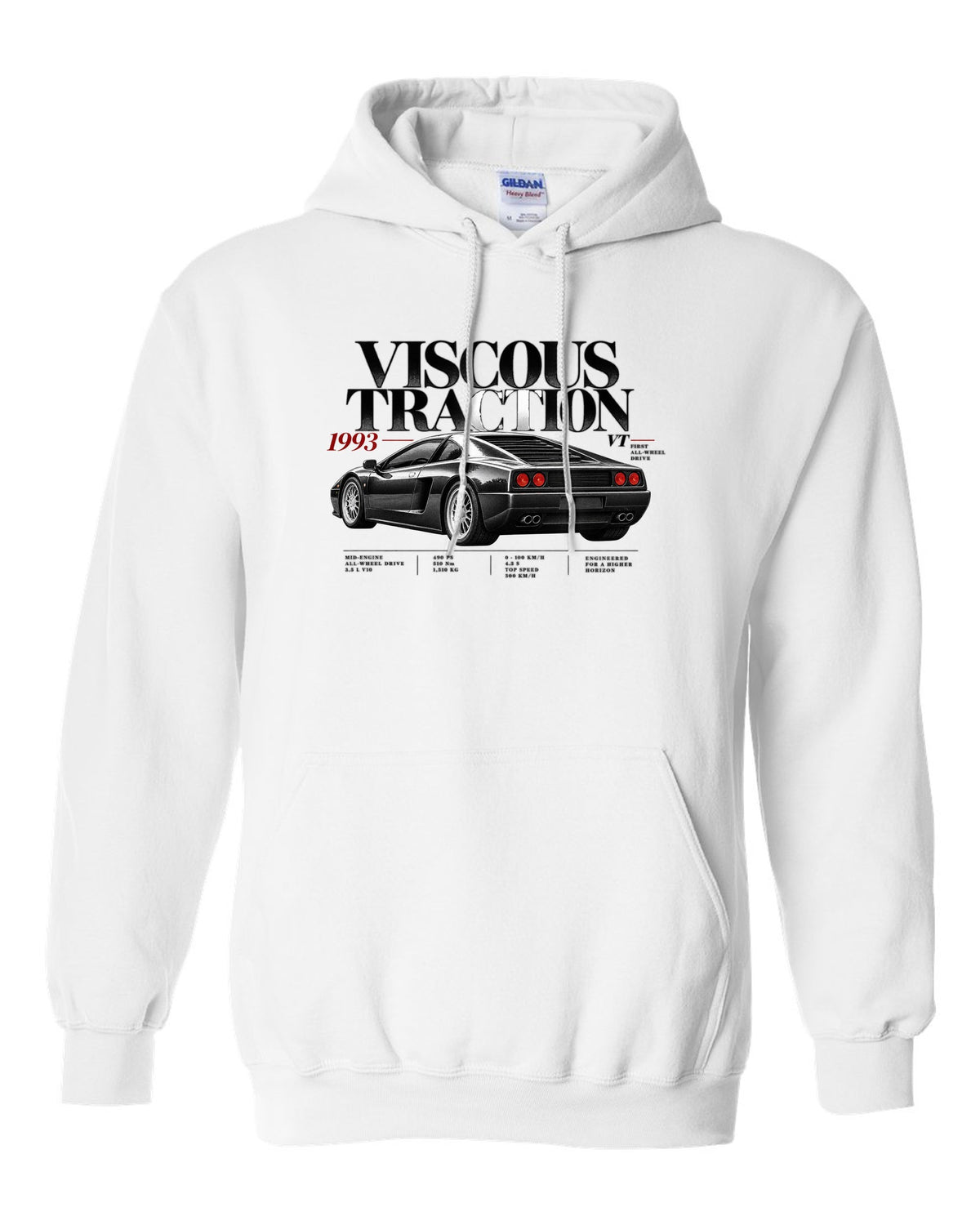 Editorial print of a Lamborghini Diablo VT with viscous traction and first all-wheel drive text white pull over hoodie front view with the design