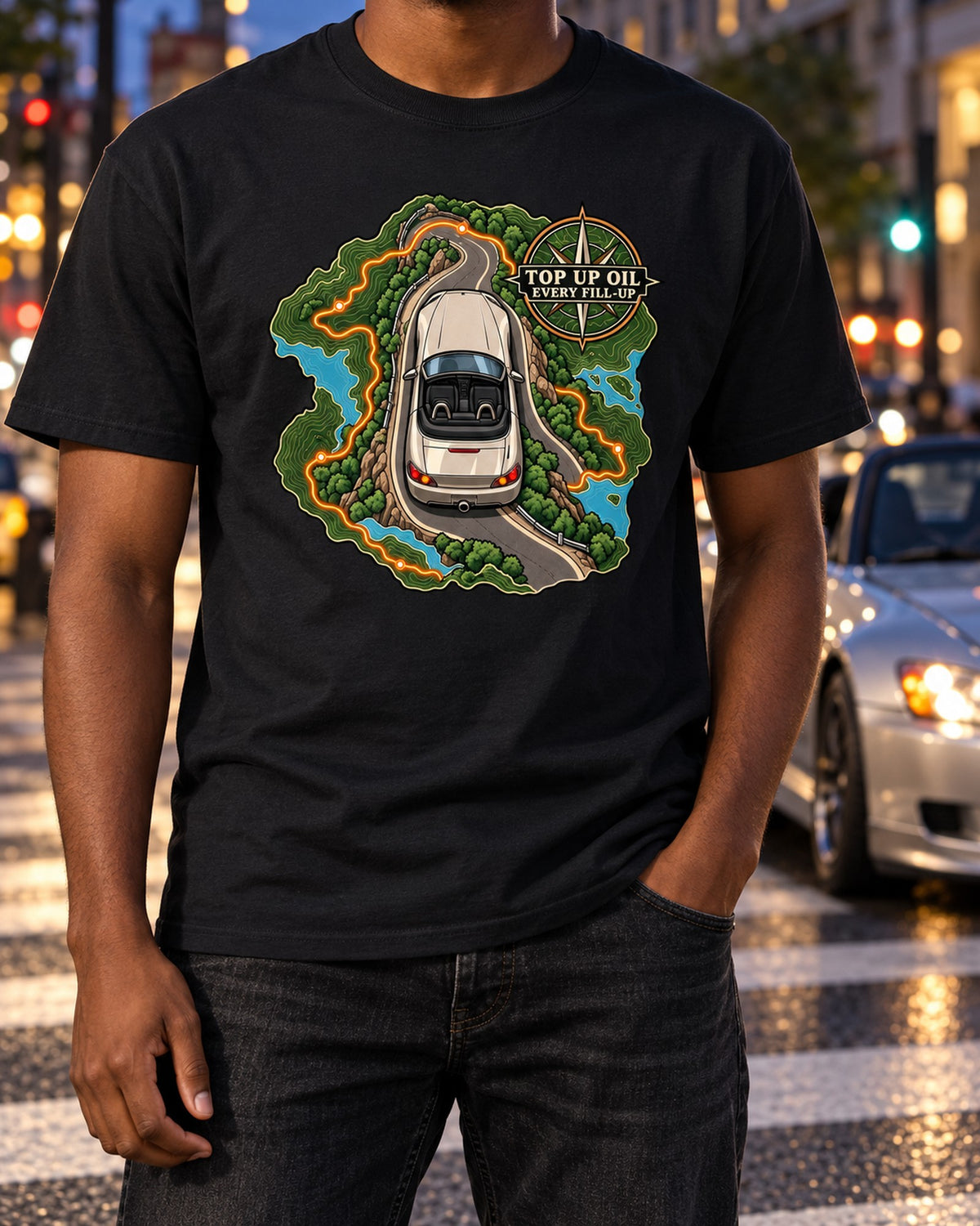 Honda S2000 AP1 Topographic Route Map Shirt, Top Up Oil Tee T-Shirt Black worn hero
