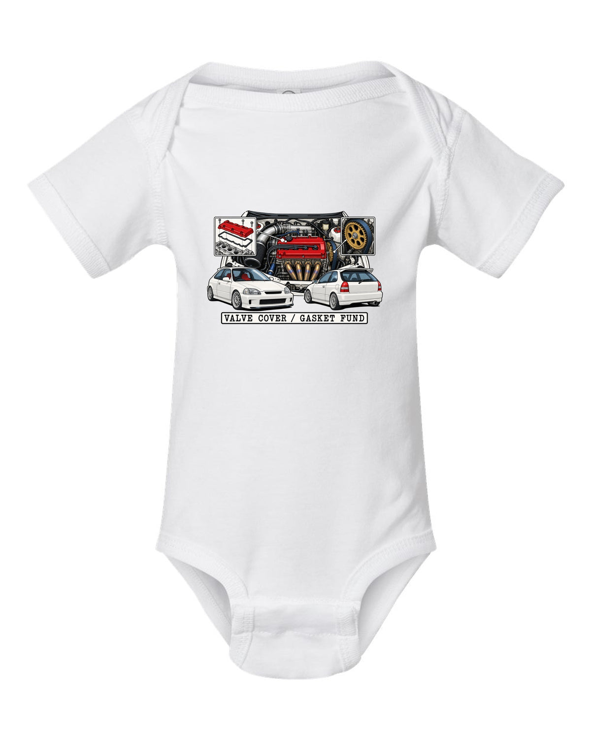 Technical patent drawing print of a 1997 Honda Civic EK9 with Valve Cover Gasket Fund lettering white baby onesie front view with the design