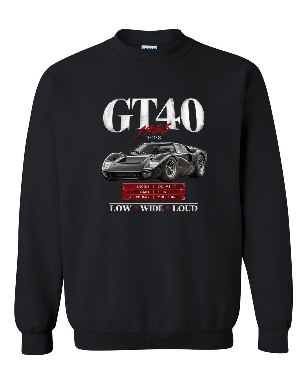 Archive panel print of a 1966 Ford GT40 Mk II with spec callouts black crewneck front view with the design