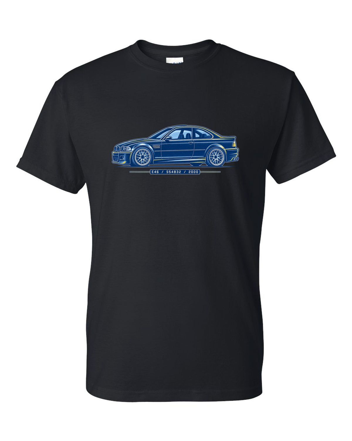 Cyanotype blueprint style print of a BMW E46 M3 coupe with E46 S54B32 2000 text black t-shirt front view with the design