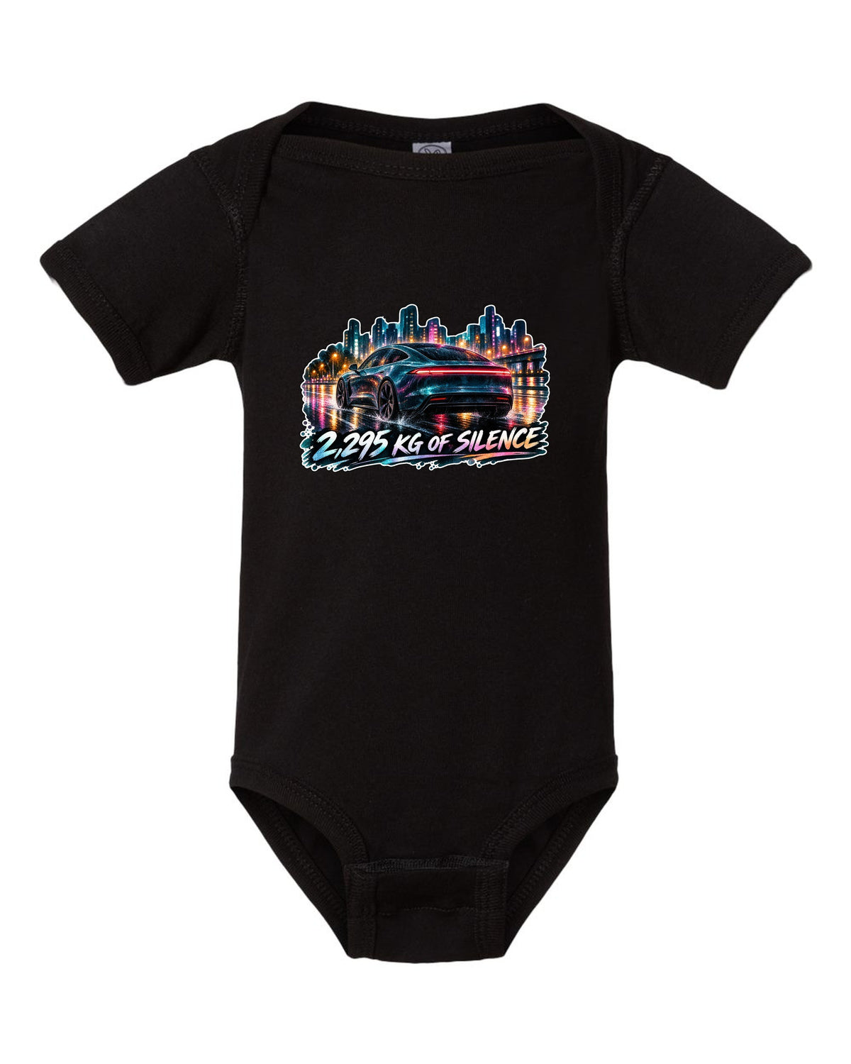Porsche Taycan Turbo S 9J1 watercolor wet road night print with the text 2,295 kg of silence black baby onesie front view with the design