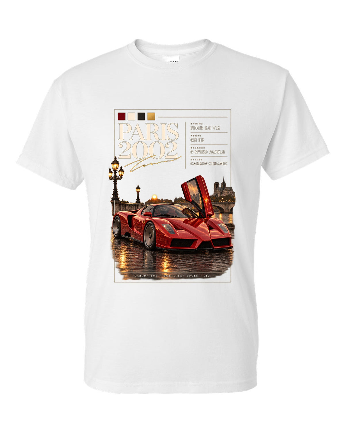 Ferrari Enzo 2002 front three-quarter archive panel print, Paris 2002, F140B V12, 651 PS white t-shirt front view with the design