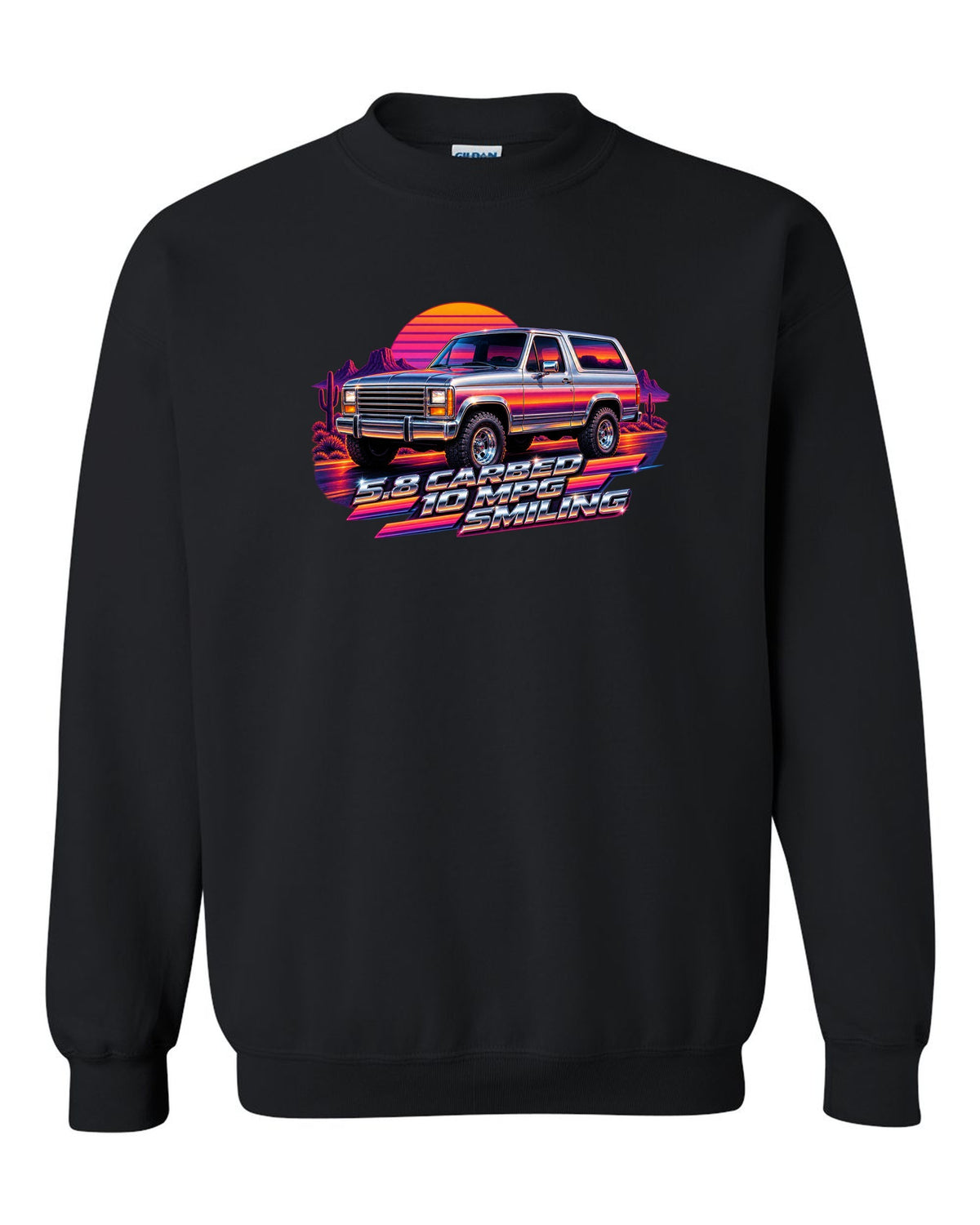 80s airbrush chrome art of a 1980-86 Ford Bronco Bullnose at sunset with 5.8 CARBED 10 MPG lettering black crewneck front view with the design