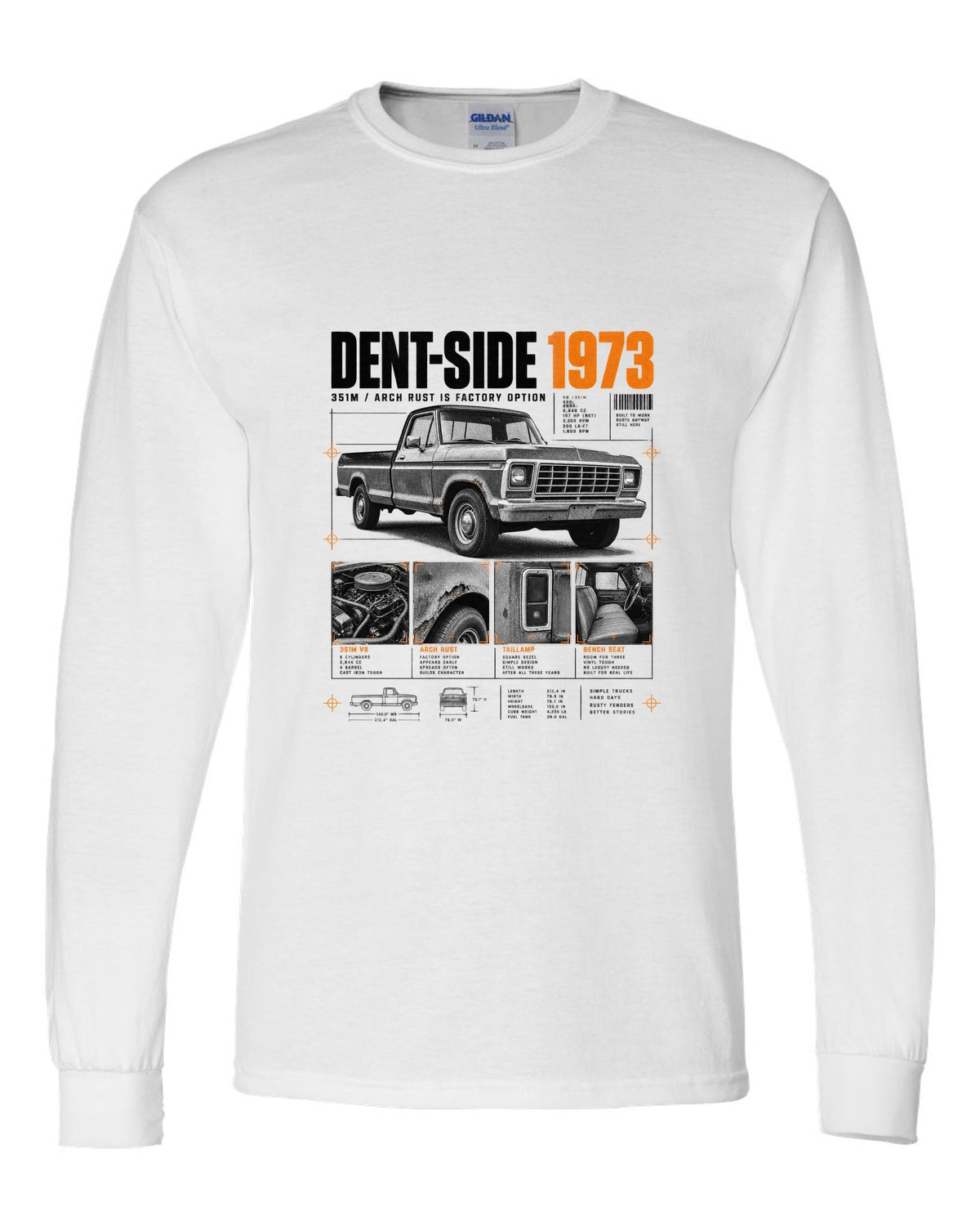 Ford F-150 Dent-Side 1973 351M Rust Dossier Panel white long sleeve front view with the design