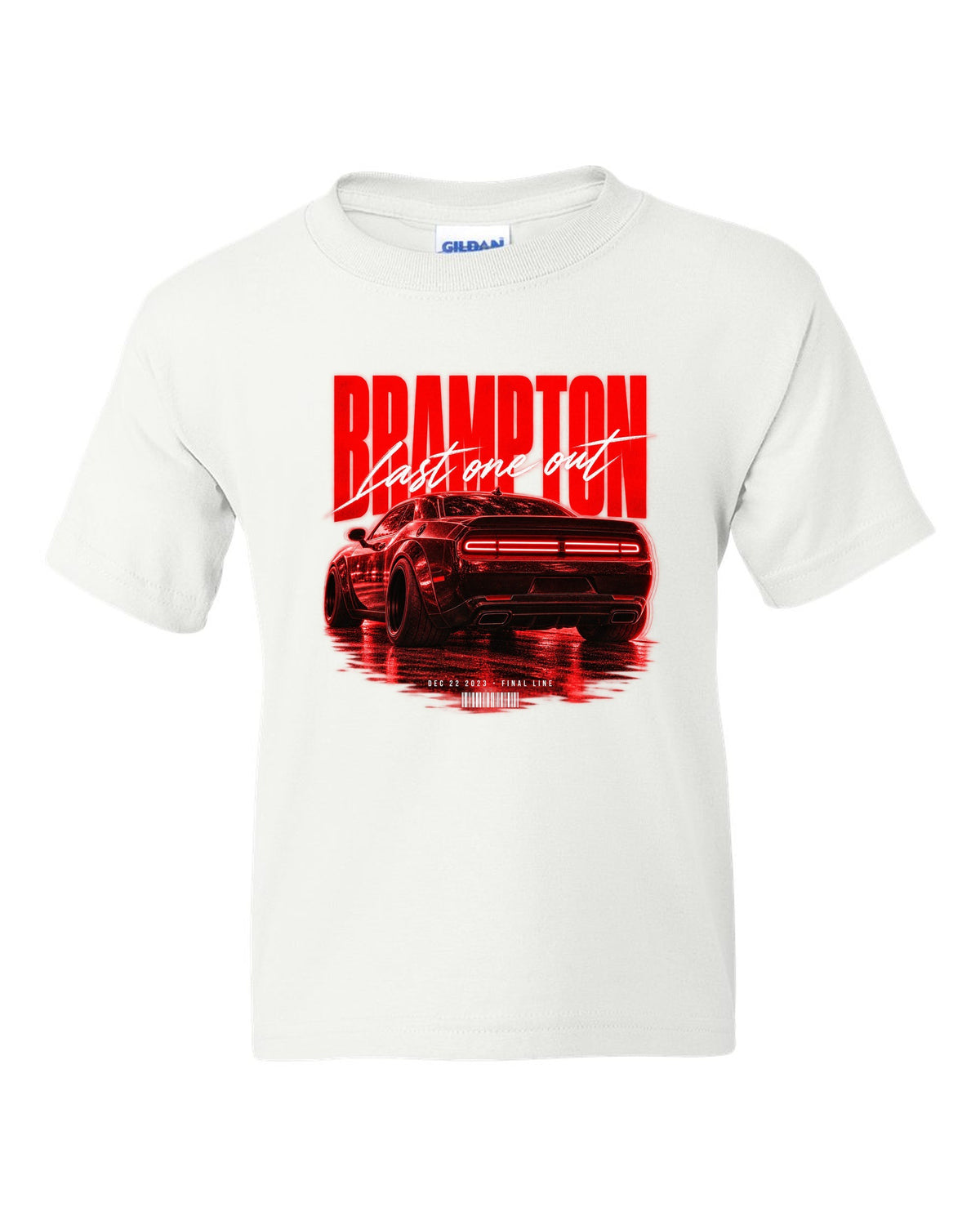 Street poster print of a 2023 Dodge Challenger Widebody with Brampton last one out Dec 22 2023 text white kids tee front view with the design