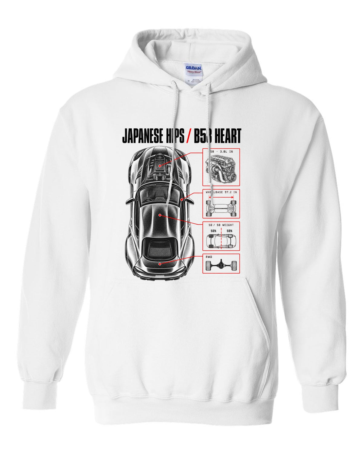 Spec poster print of a Toyota GR Supra A90 with the text Japanese Hips B58 Heart white pull over hoodie front view with the design