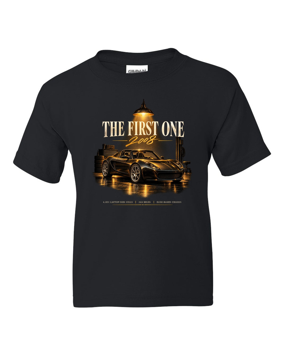Garage night print of a first generation 2008 Tesla Roadster black kids tee front view with the design
