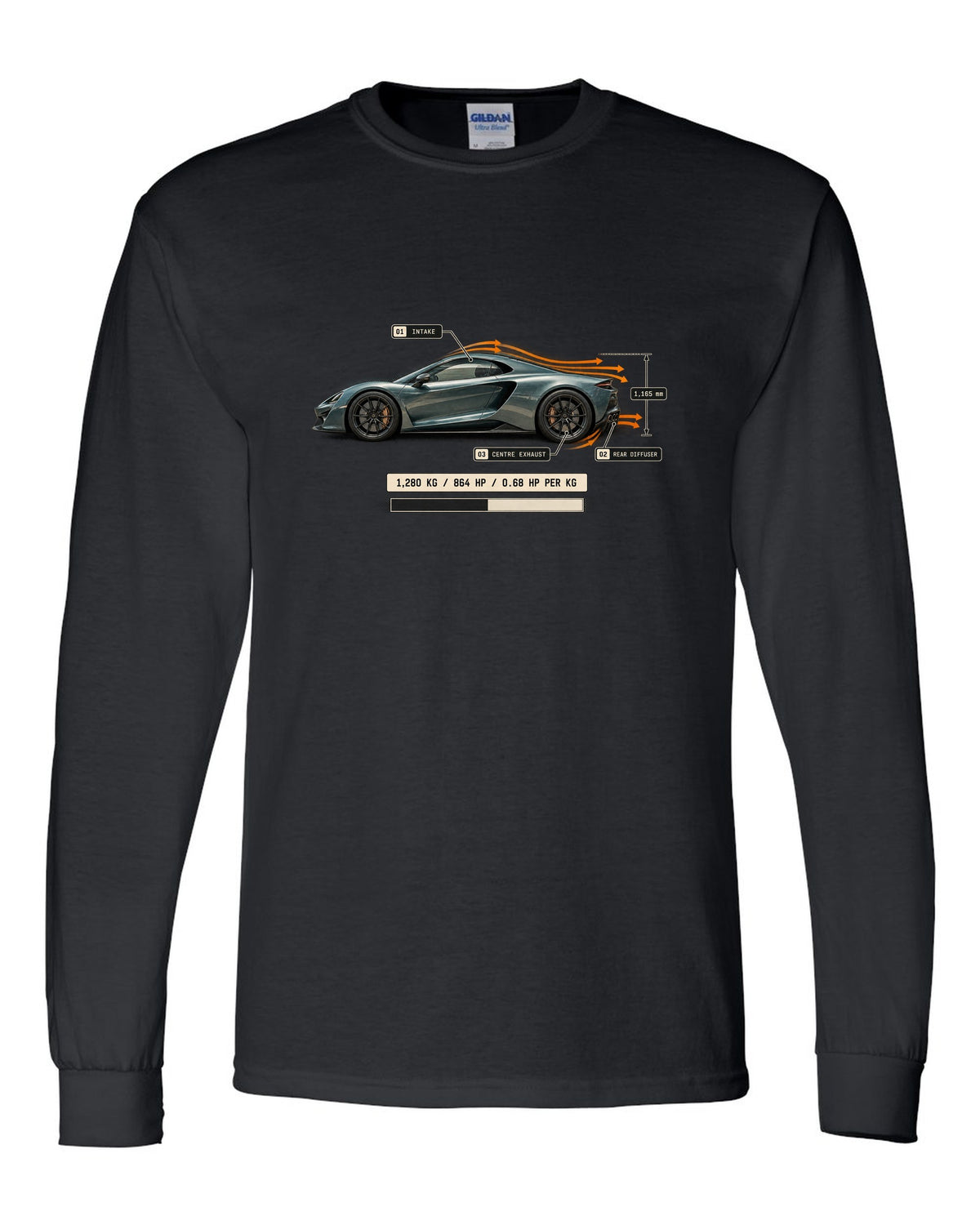Airflow callout print of the Pagani Utopia with the text 1,280 kg, 864 hp, 0.68 hp per kg black long sleeve front view with the design