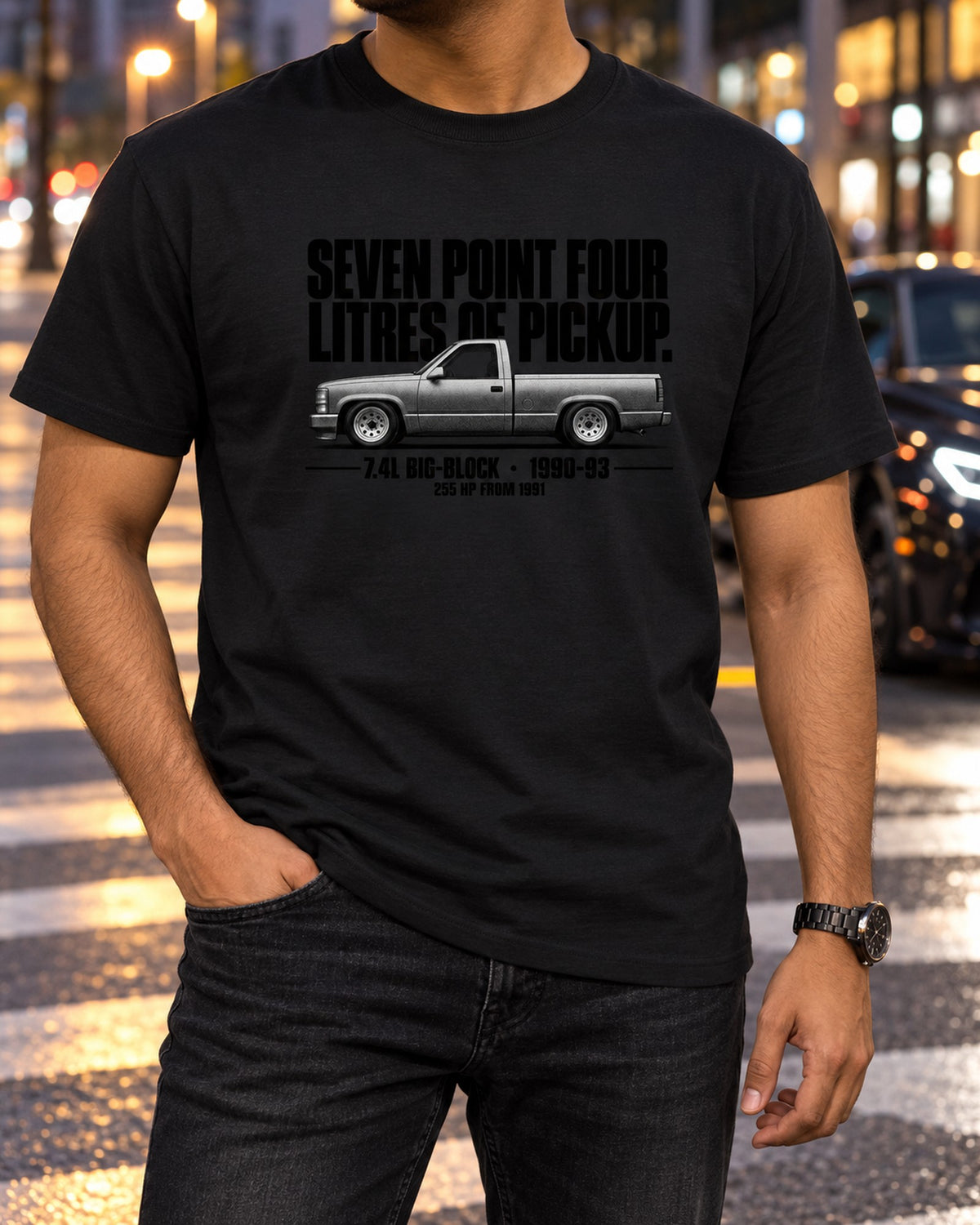 Chevy 454 SS Pickup Halftone Profile Shirt, 7.4L Big-Block T-Shirt Black worn hero