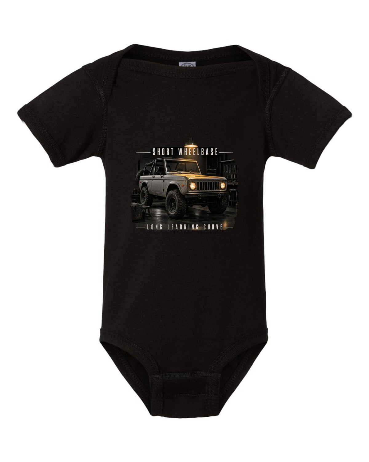Garage night print for the Jeep CJ-5, Short Wheelbase Long Learning Curve black baby onesie front view with the design