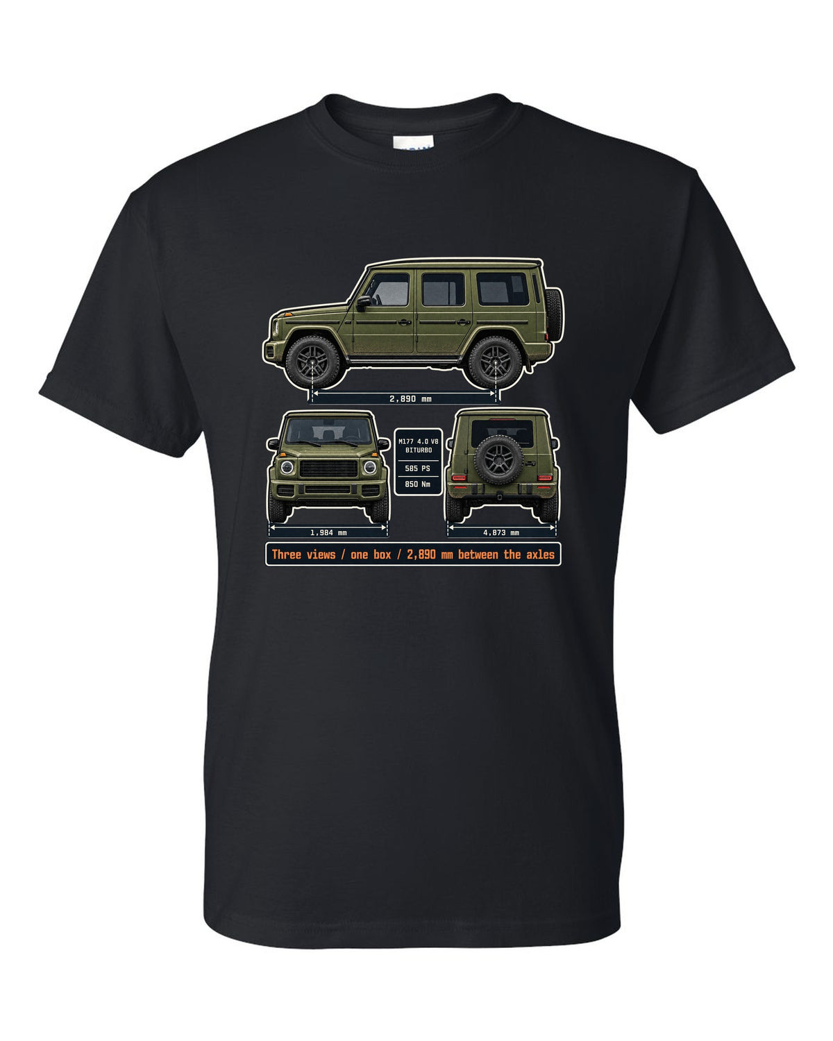 Three-view dossier print of a Mercedes-AMG G63 W463A black t-shirt front view with the design