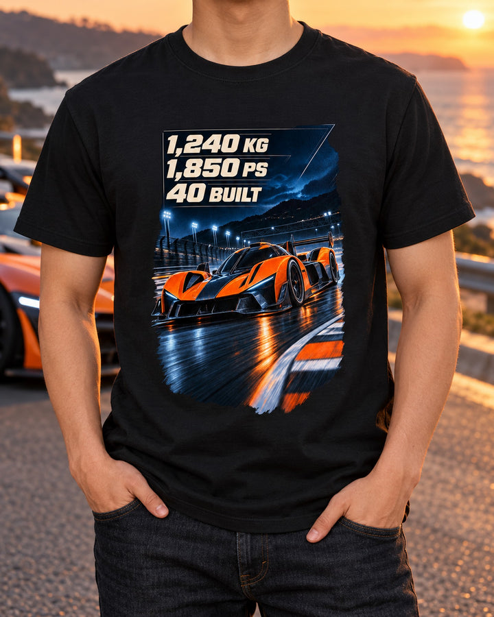 Bugatti Bolide Night Street print Tee, 1,850 PS Track Car T-Shirt Black worn hero
