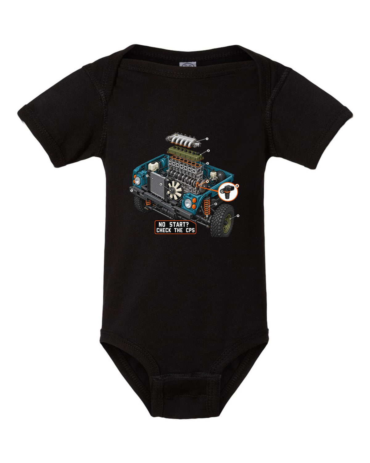 Exploded cutaway engine print of a Jeep Wrangler TJ with check the CPS text black baby onesie front view with the design