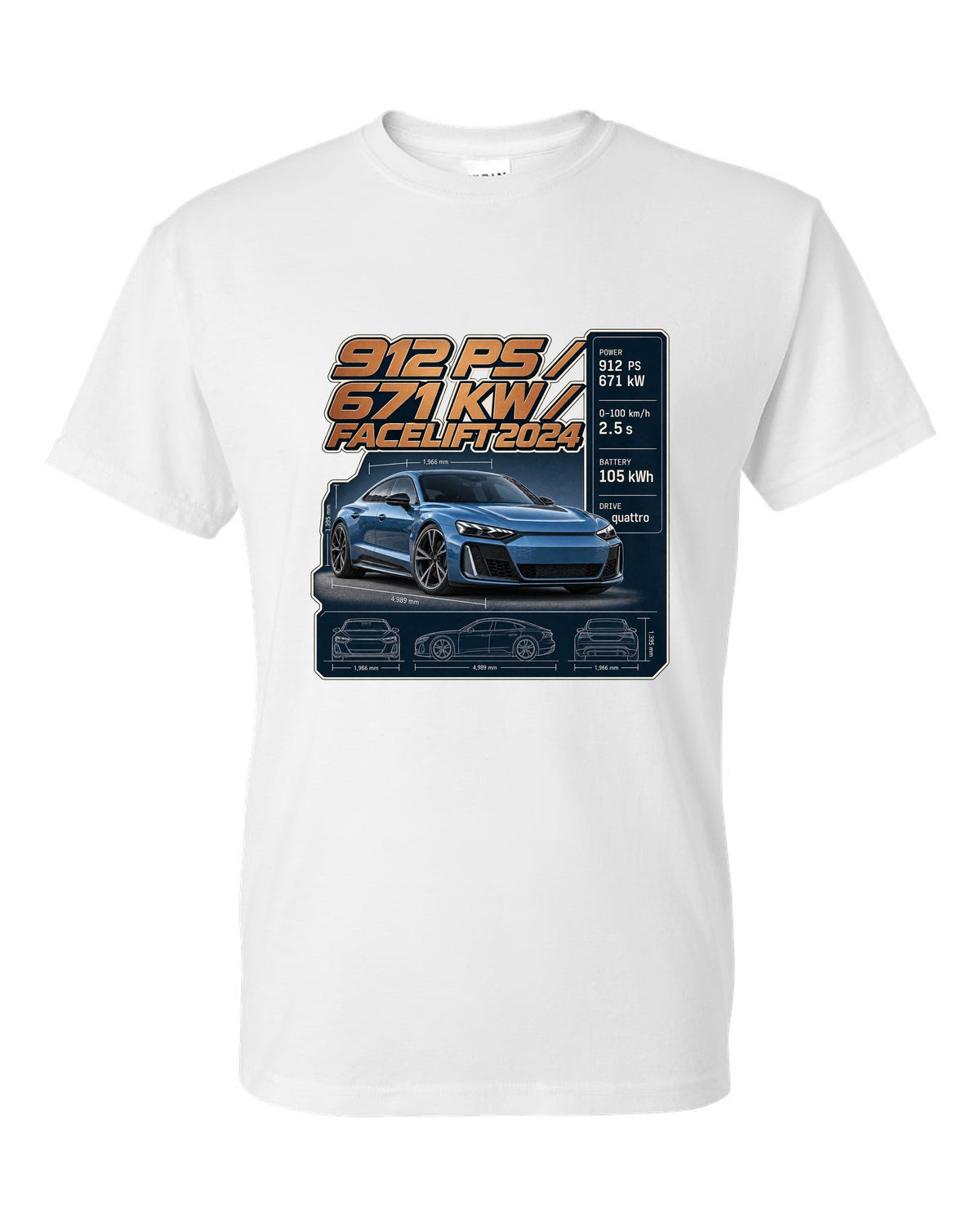 Audi RS e-tron GT performance facelift spec poster print design white t-shirt front view with the design