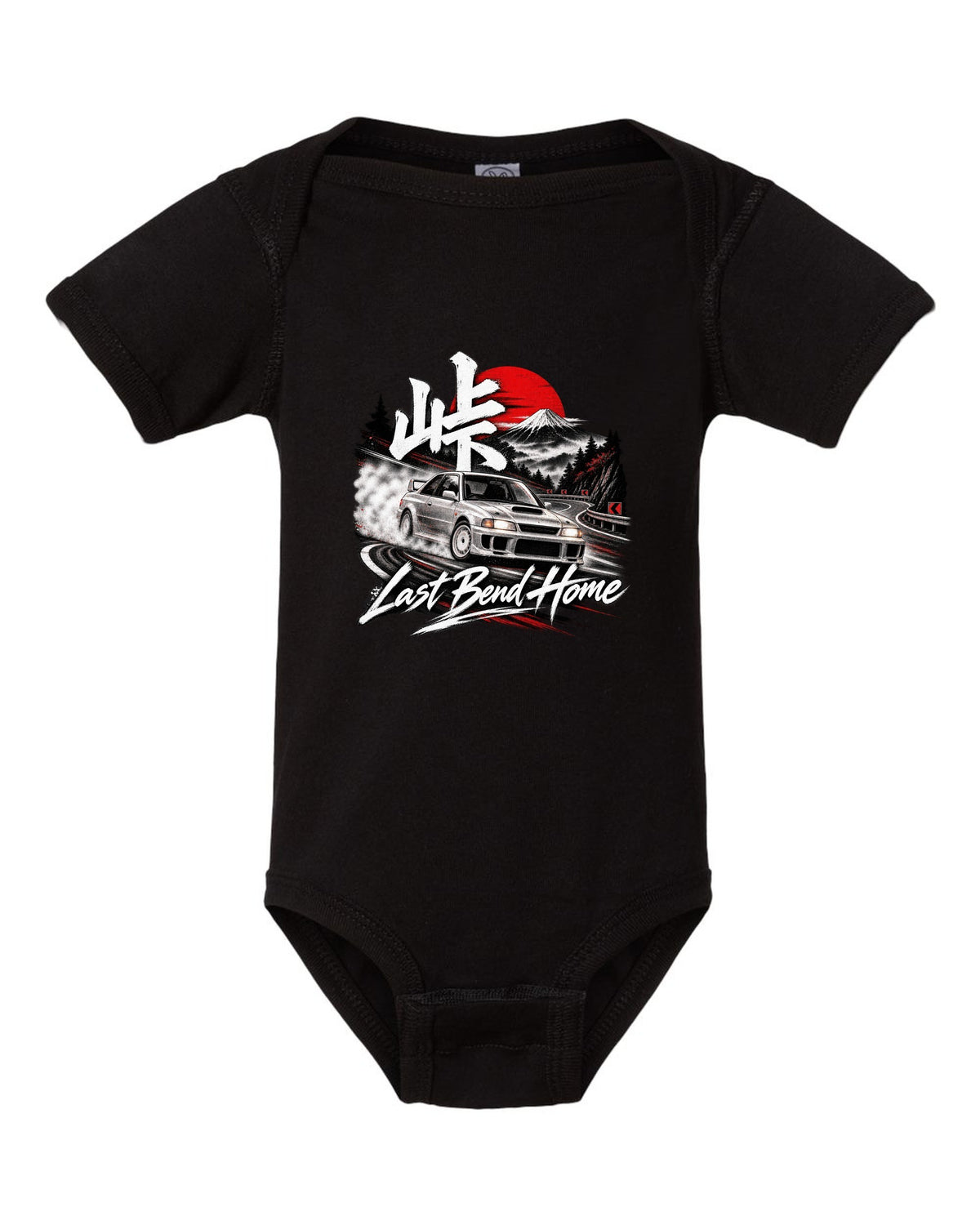 Subaru Impreza WRX GC8 coupe at a night touge bend with Last Bend Home text black baby onesie front view with the design