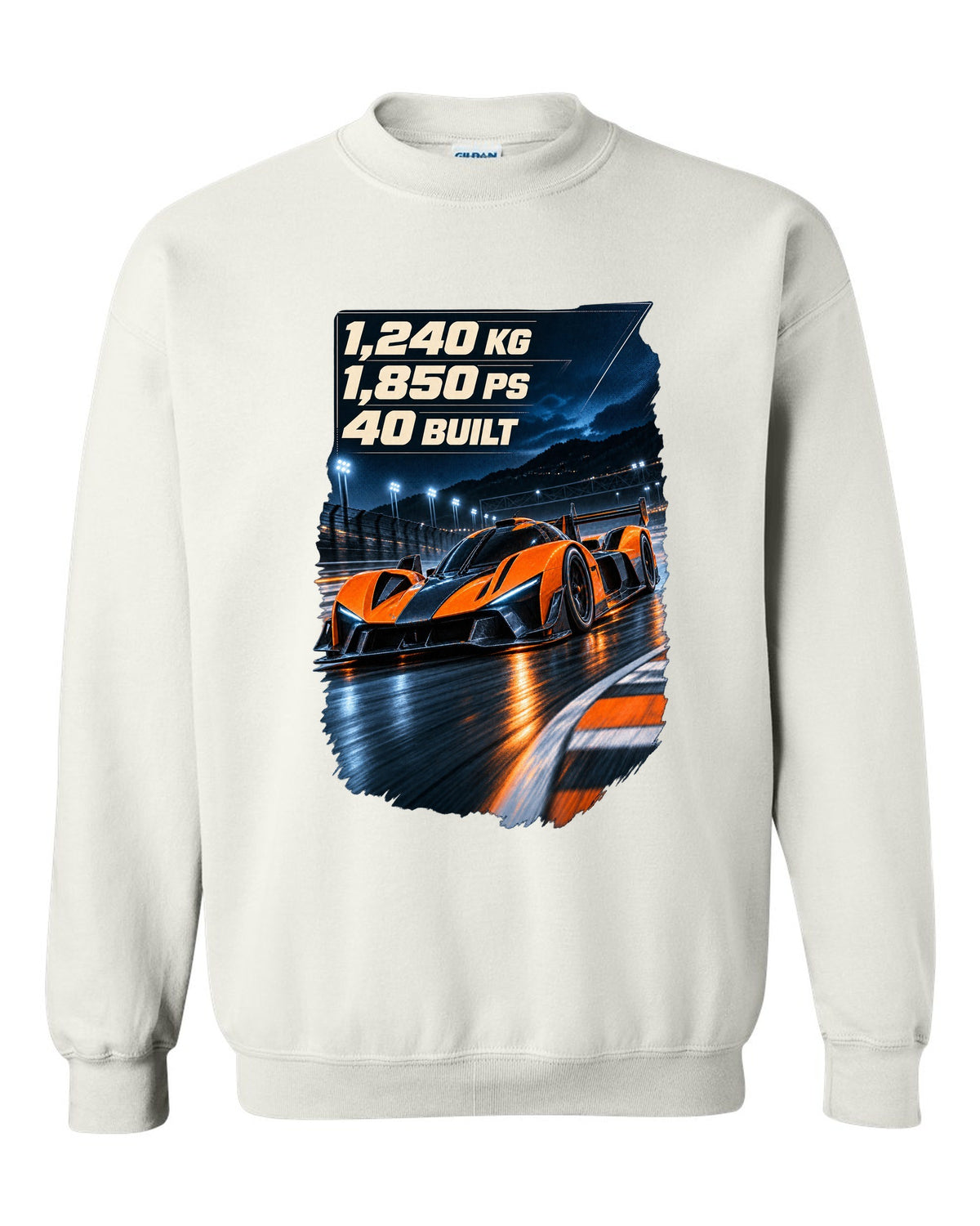 Bugatti Bolide track car at night print with weight and power figures white crewneck front view with the design