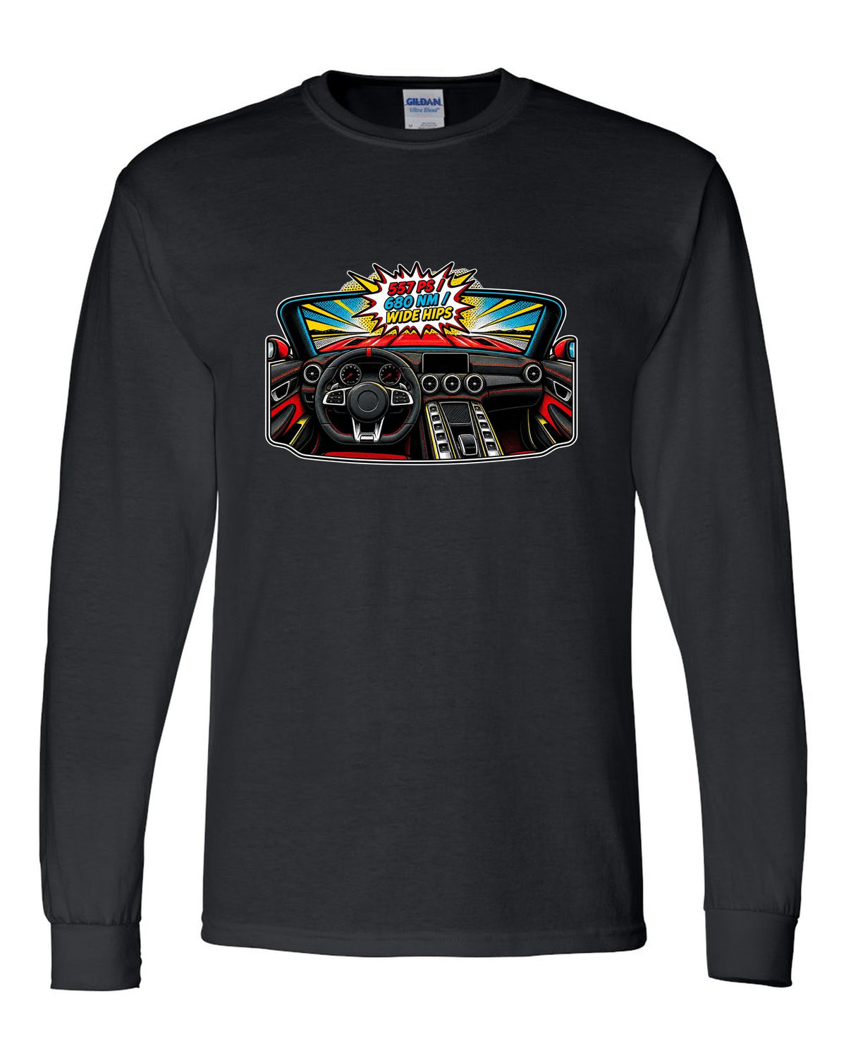 Isometric topographic route map of the Nordschleife with Flugplatz and Schwedenkreuz text for a Mercedes AMG GT C190 black long sleeve front view with the design