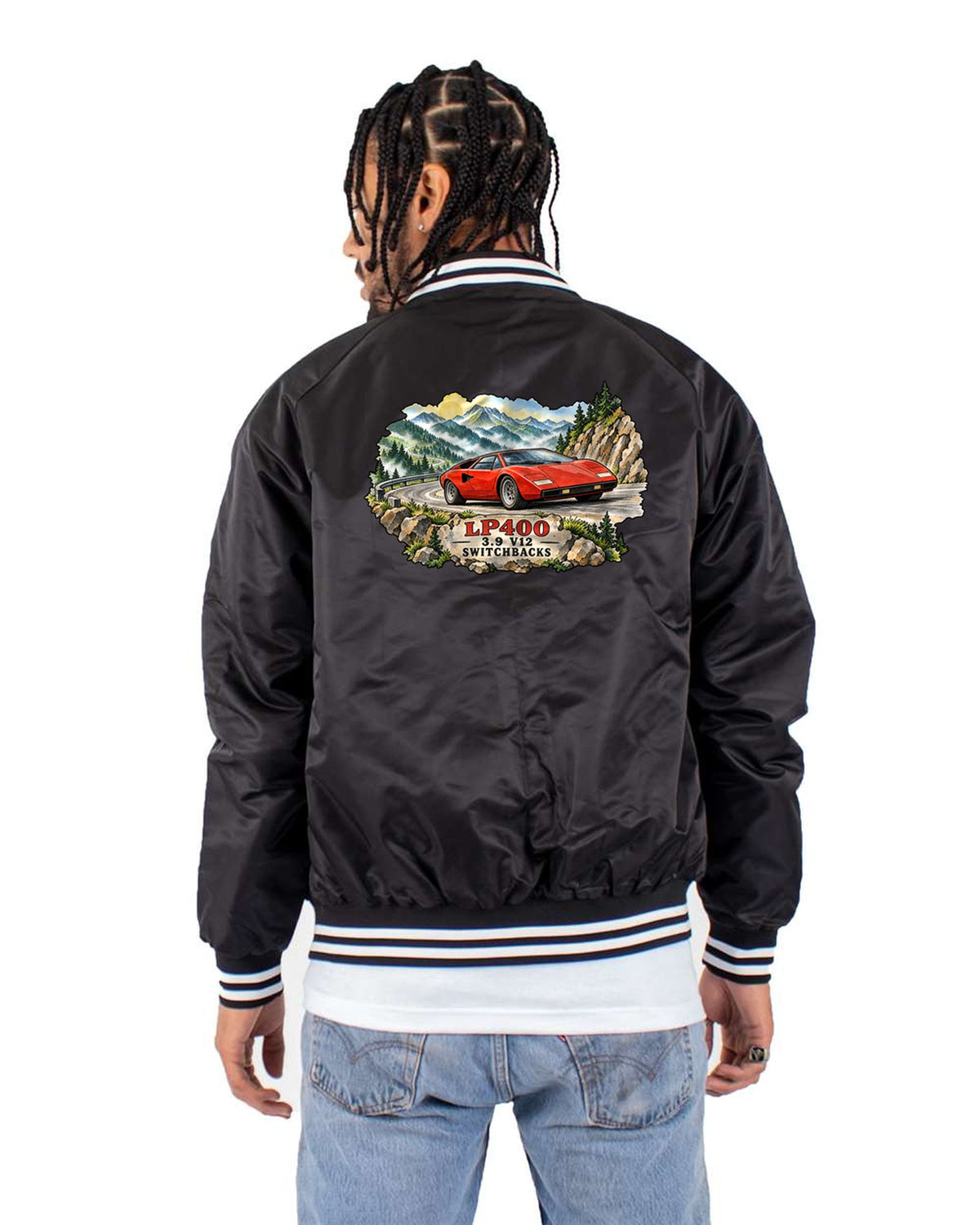 Countach LP400 Ink Wash Switchbacks Shirt, 3.9 V12 Tee Bomber Jacket Black back