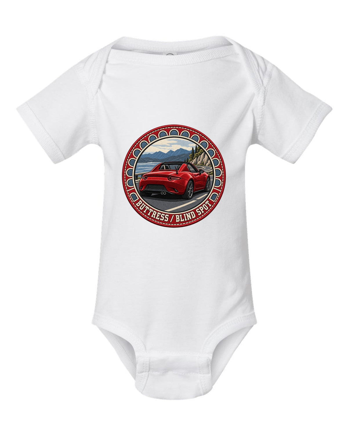 Embroidery-style roundel crest of a Mazda MX-5 ND RF fastback with blind spot text white baby onesie front view with the design