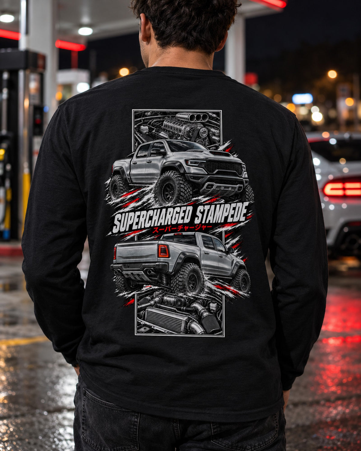 RAM 1500 Trx Torn Poster Full-Back Graphic Tee Long Sleeve Black worn hero