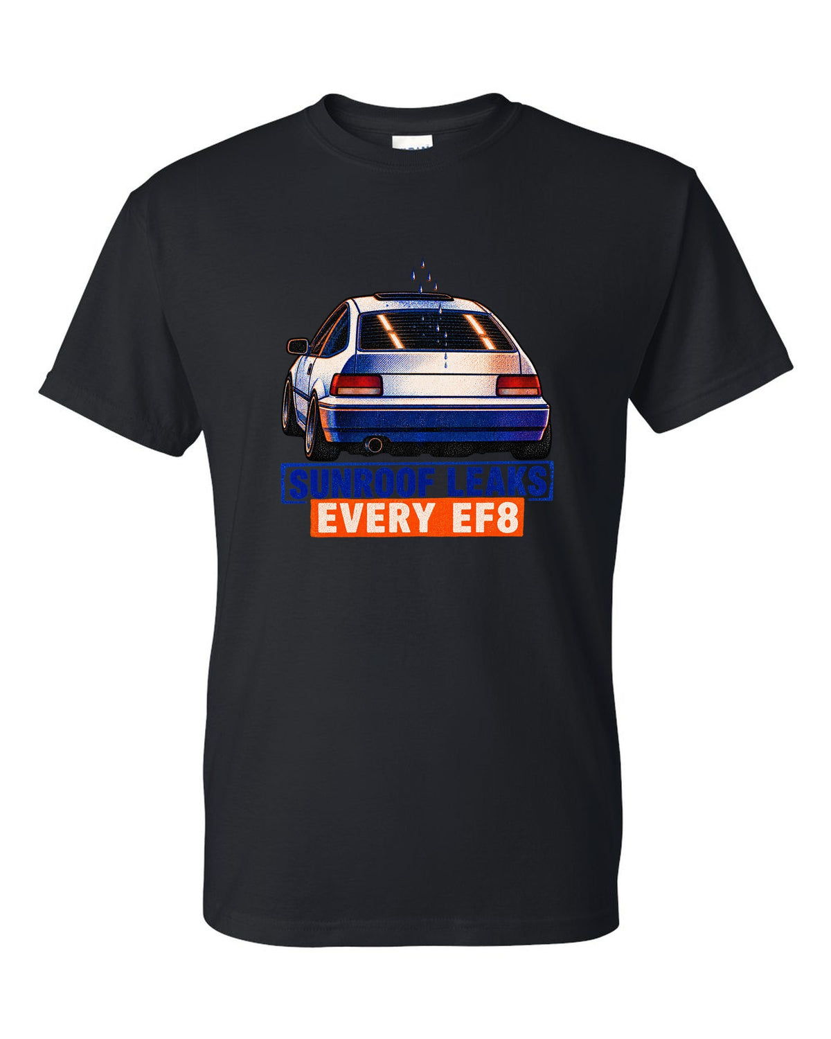 Risograph-style Honda CRX EF8 Si print with sunroof leak joke text black t-shirt front view with the design