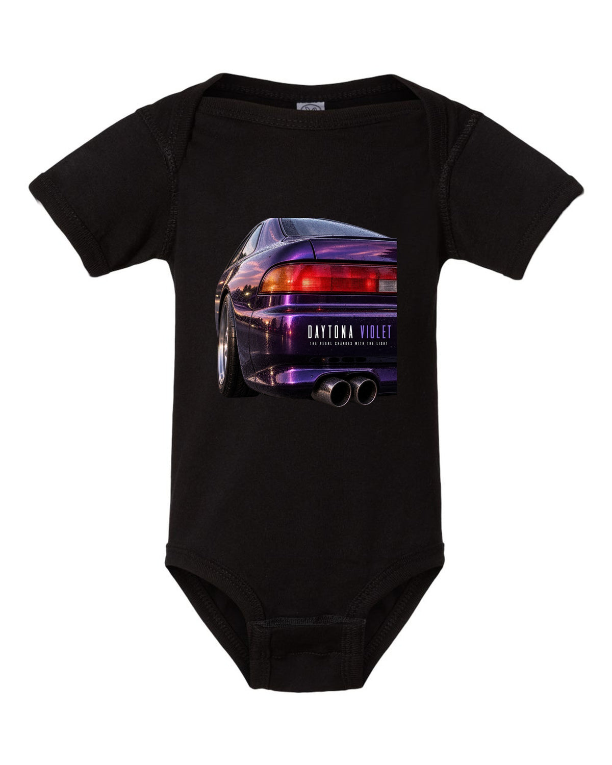 BMW E36 M3 coupe taillight macro print with Daytona Violet pearl paint text black baby onesie front view with the design