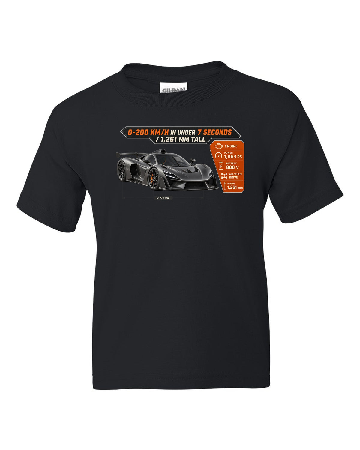Mercedes-AMG One spec poster design with acceleration and height figures black kids tee front view with the design