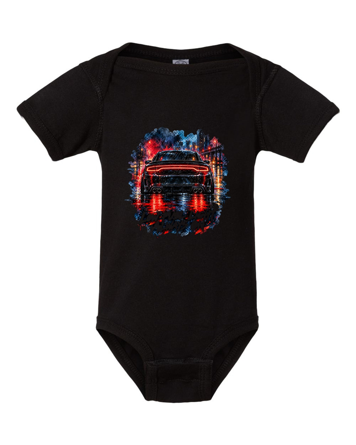 Watercolour wet-road night scene of the taillights of a 2015 Dodge Charger Scat Pack black baby onesie front view with the design