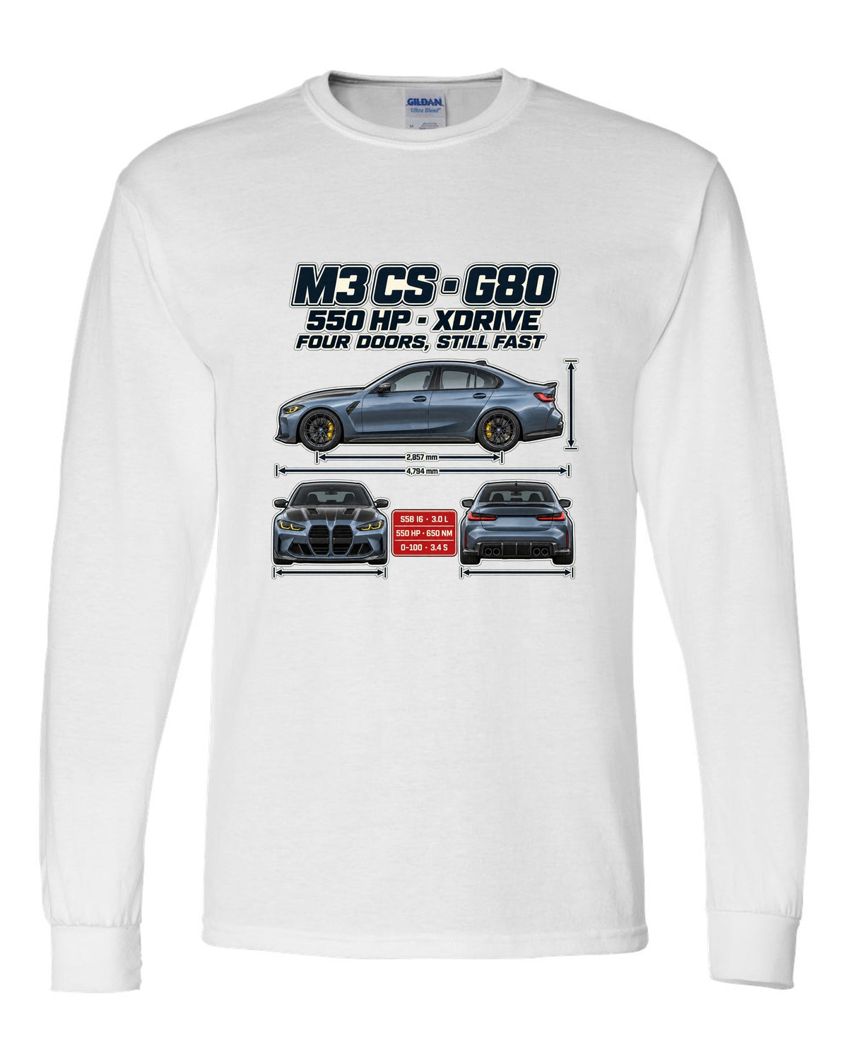 BMW M3 CS G80 2023 spec poster print white long sleeve front view with the design