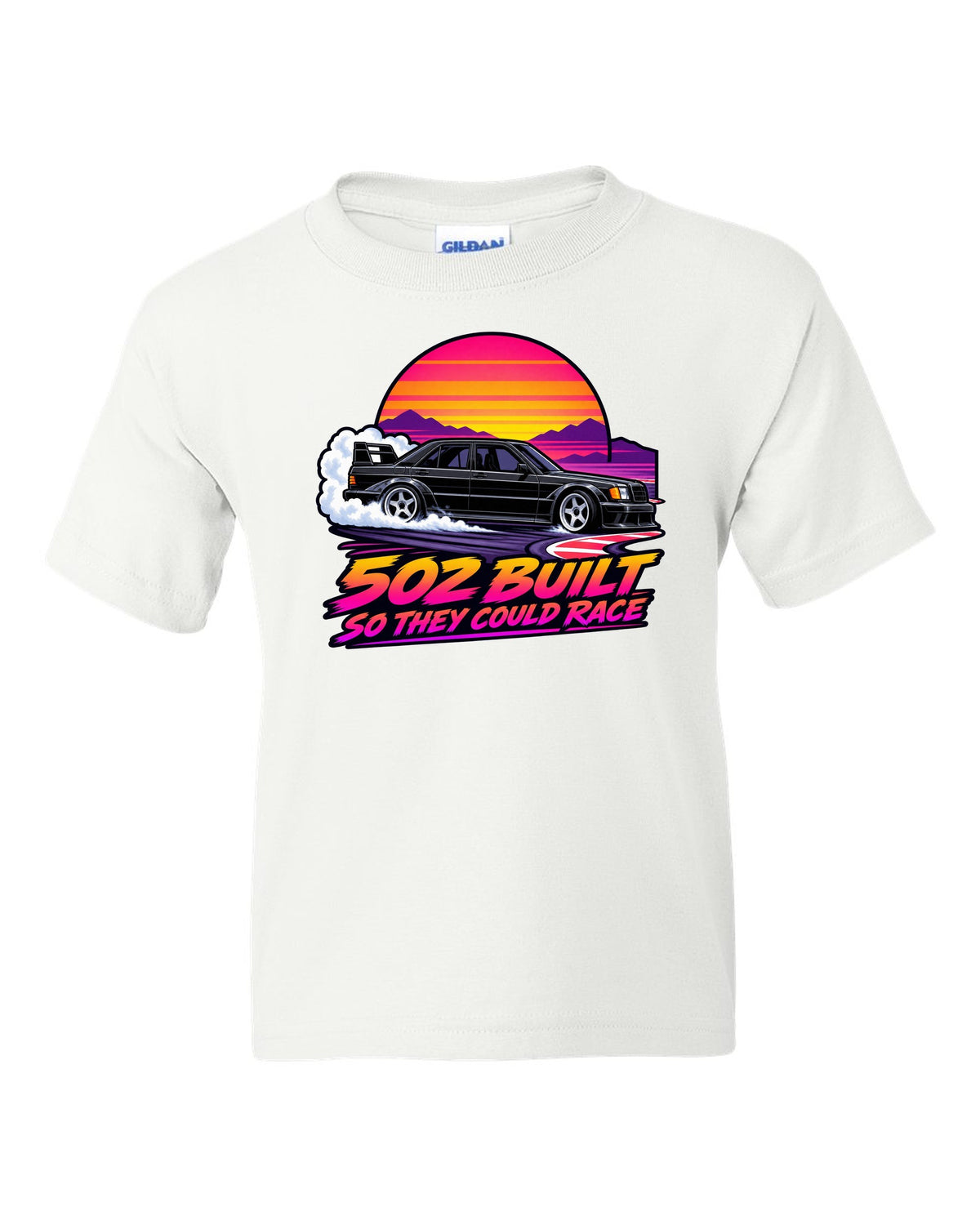 Flat vector eighties sunset gradient print of a Mercedes-Benz 190E Evo II W201 sliding through a chicane white kids tee front view with the design