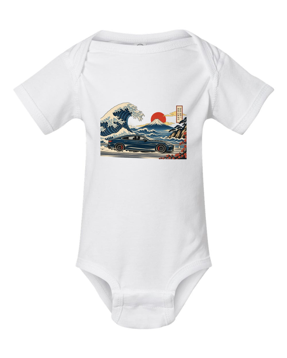 Ukiyo-e woodblock wave illustration of an Alfa Romeo Giulia Quadrifoglio with 505 HP and 443 lb-ft white baby onesie front view with the design