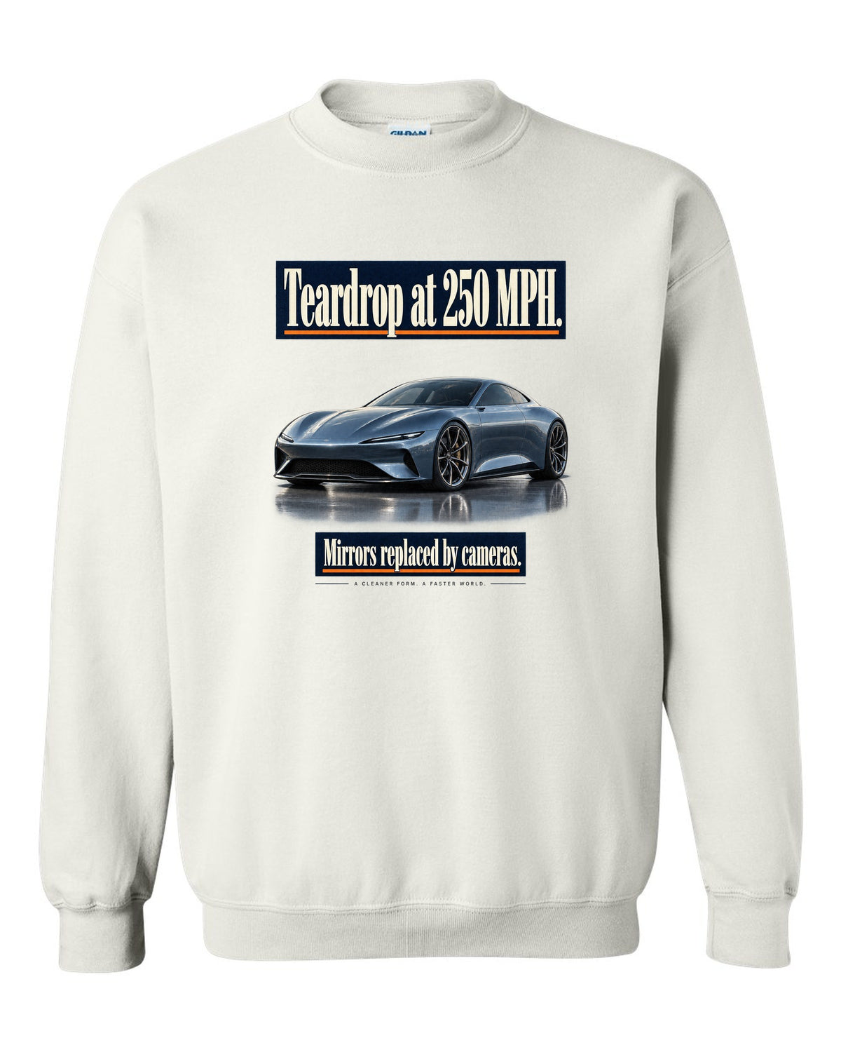 Editorial headline print of a steel blue McLaren Speedtail white crewneck front view with the design