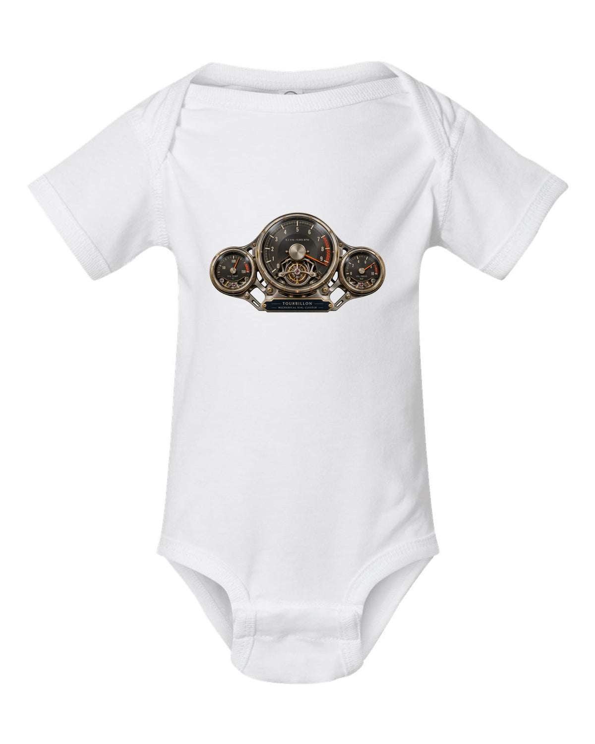 Cockpit and mechanical dial cluster of the Bugatti Tourbillon, print white baby onesie front view with the design