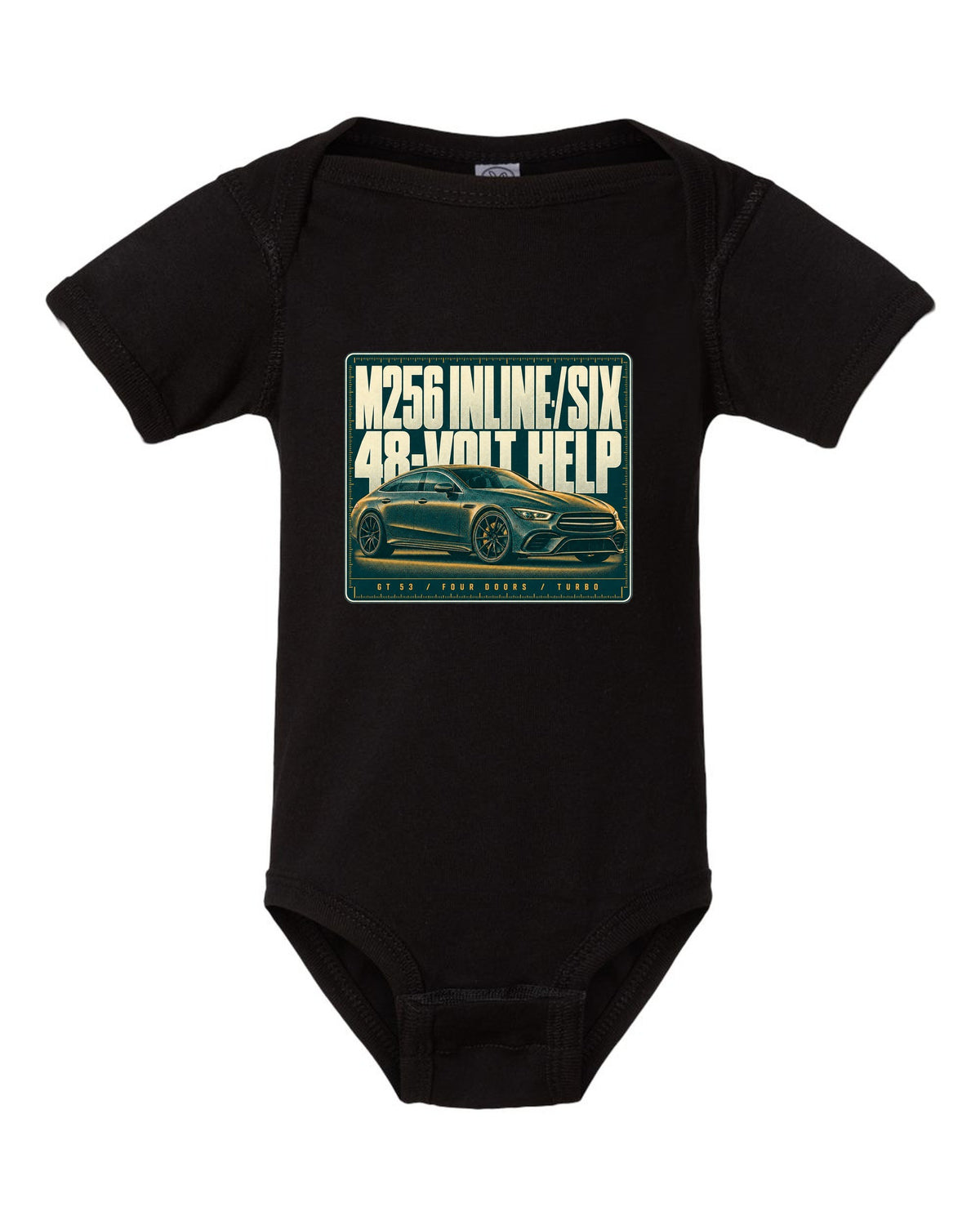 Mercedes-AMG GT 53 4-Door X290 teal and amber halftone print black baby onesie front view with the design